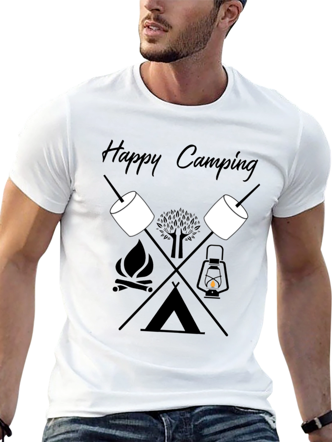 Happy Camping Graphic Tee - Black Cotton T-Shirt