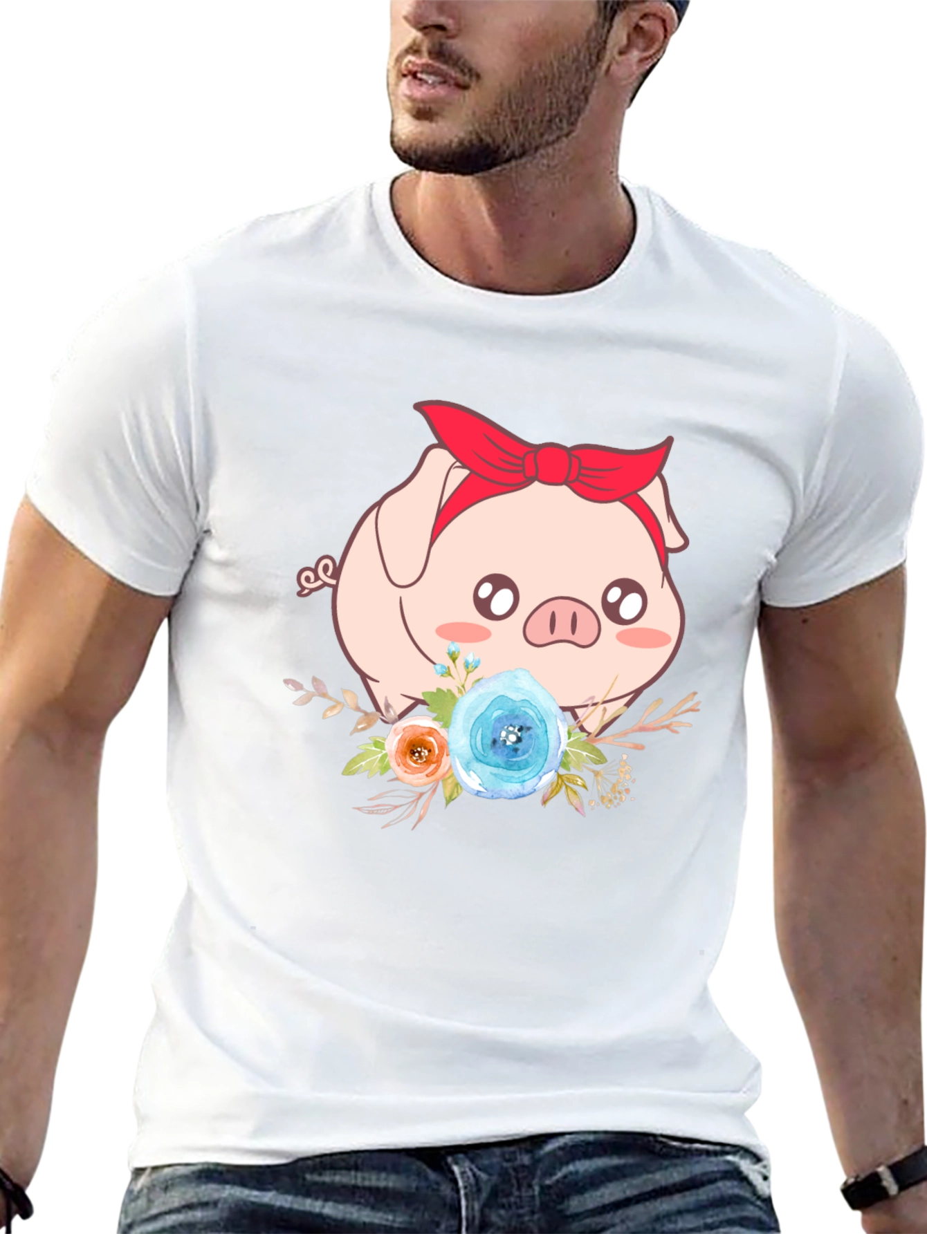 Cute Pig Floral Black T-Shirt