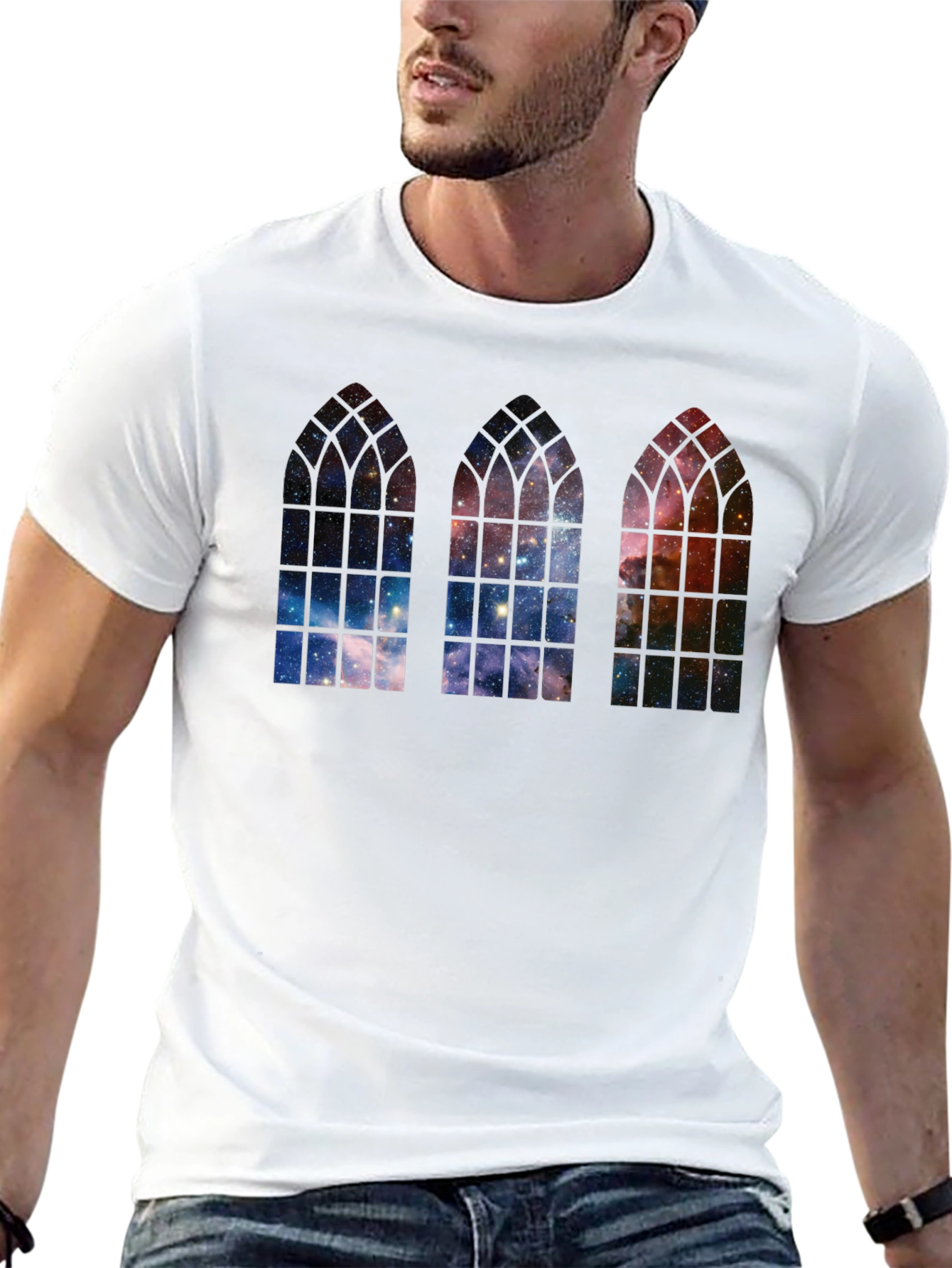 Cosmic Cathedral Window T-Shirt - Gothic Galaxy Tee