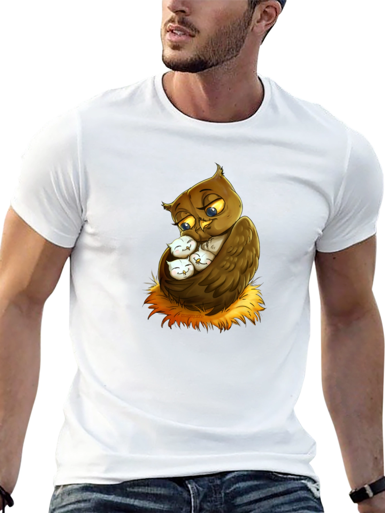 Cute Owl Family Graphic Tee - Black Cotton T-Shirt