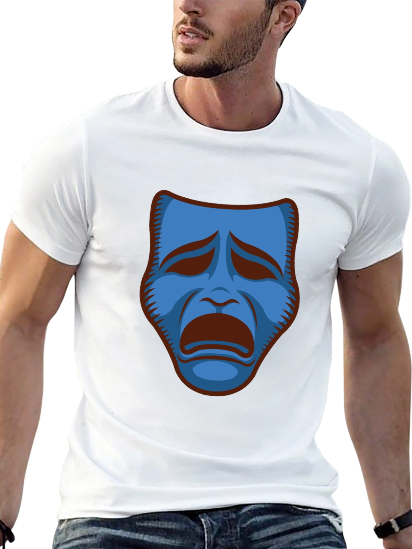 Black T-Shirt with Blue Sad Mask Graphic
