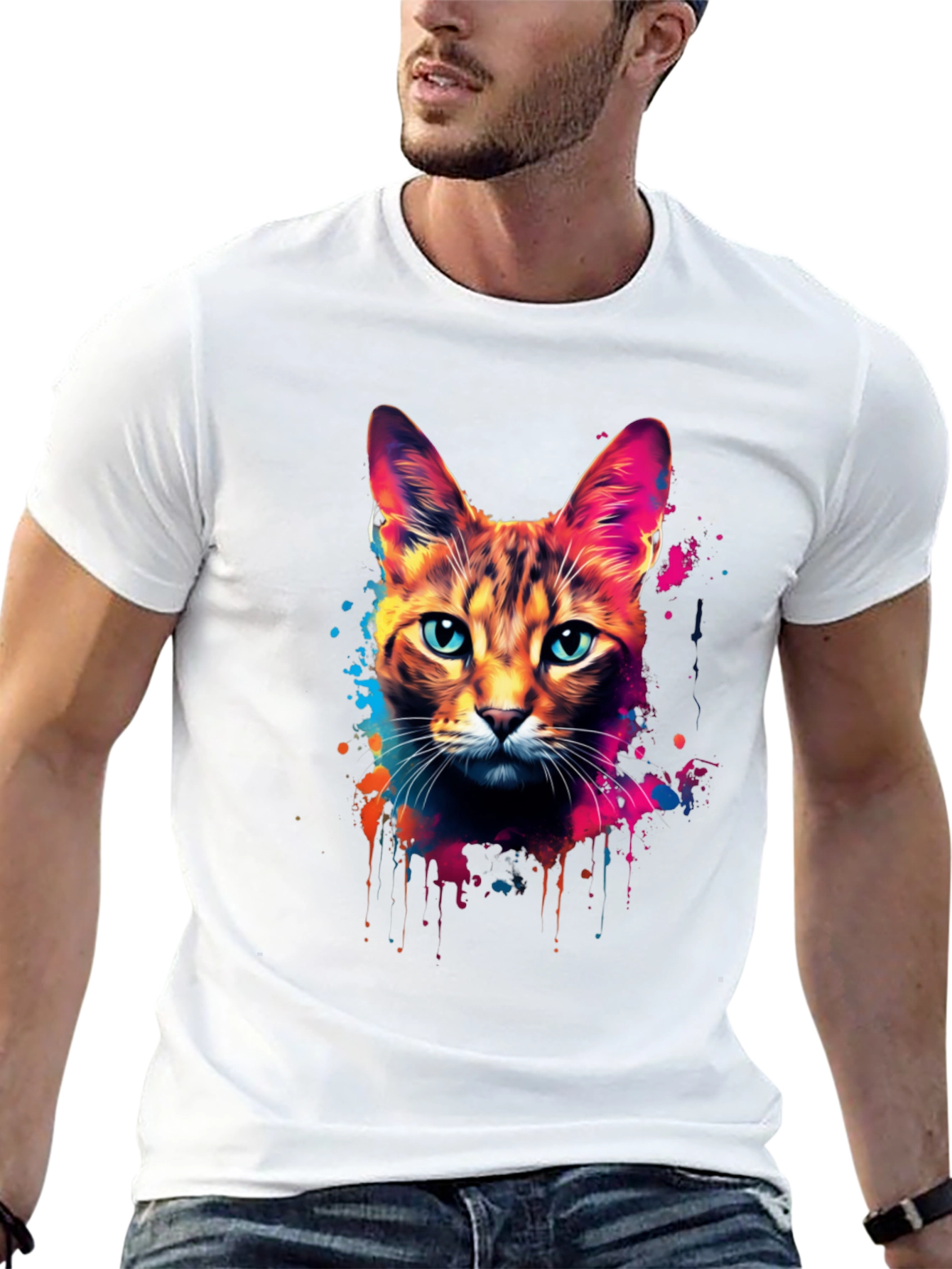 Vibrant Cat Graphic Black T-Shirt