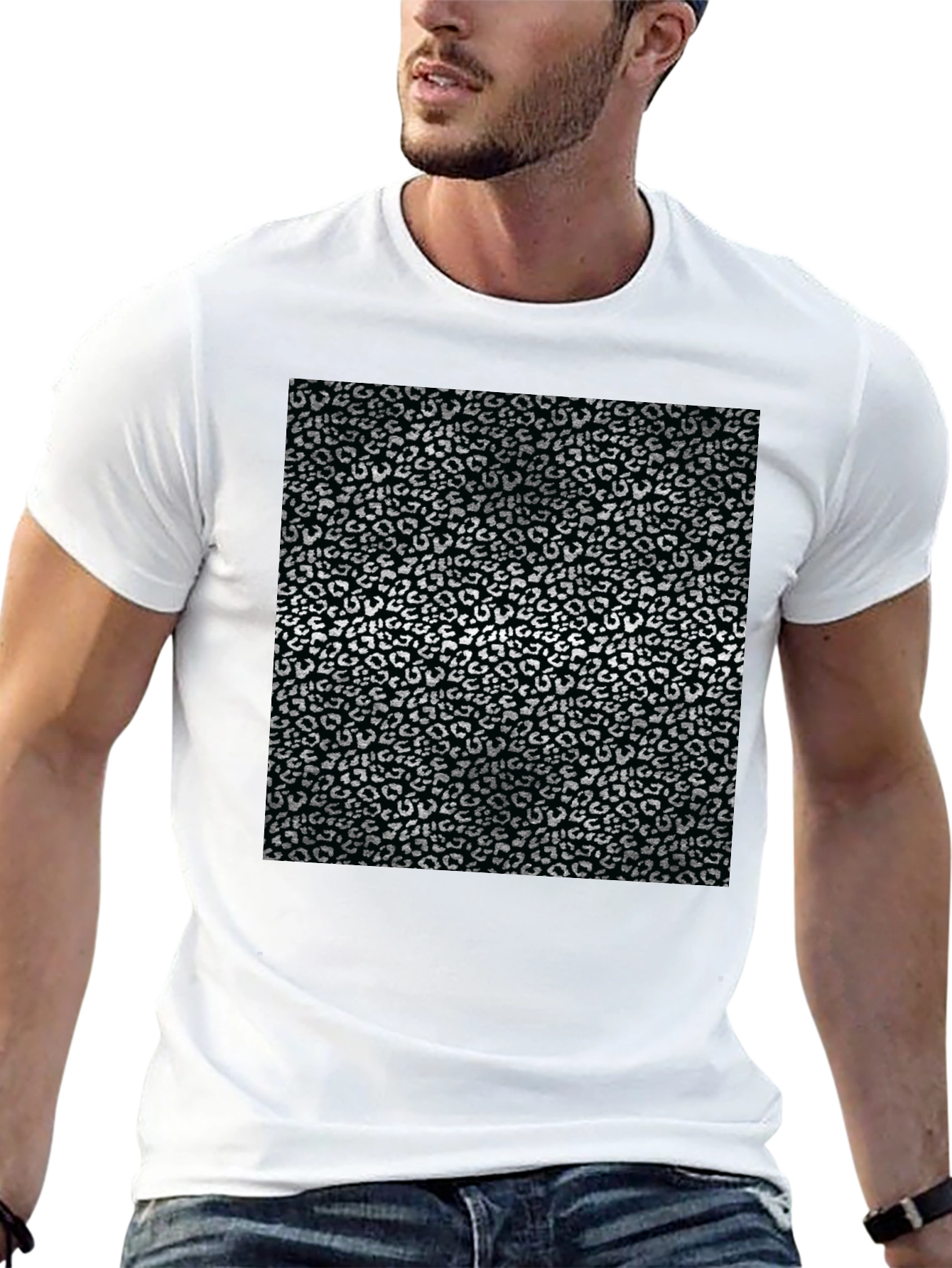 Black T-Shirt with Silver Leopard Print