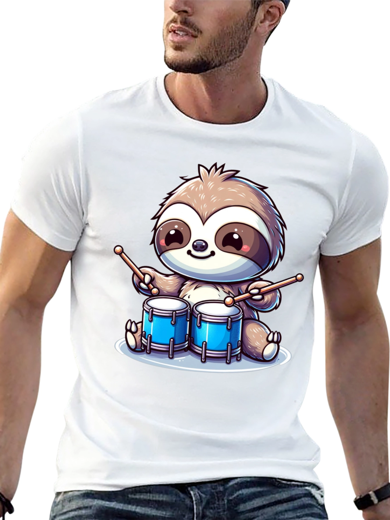 Sloth Drummer Graphic T-Shirt - Cool Cartoon Design