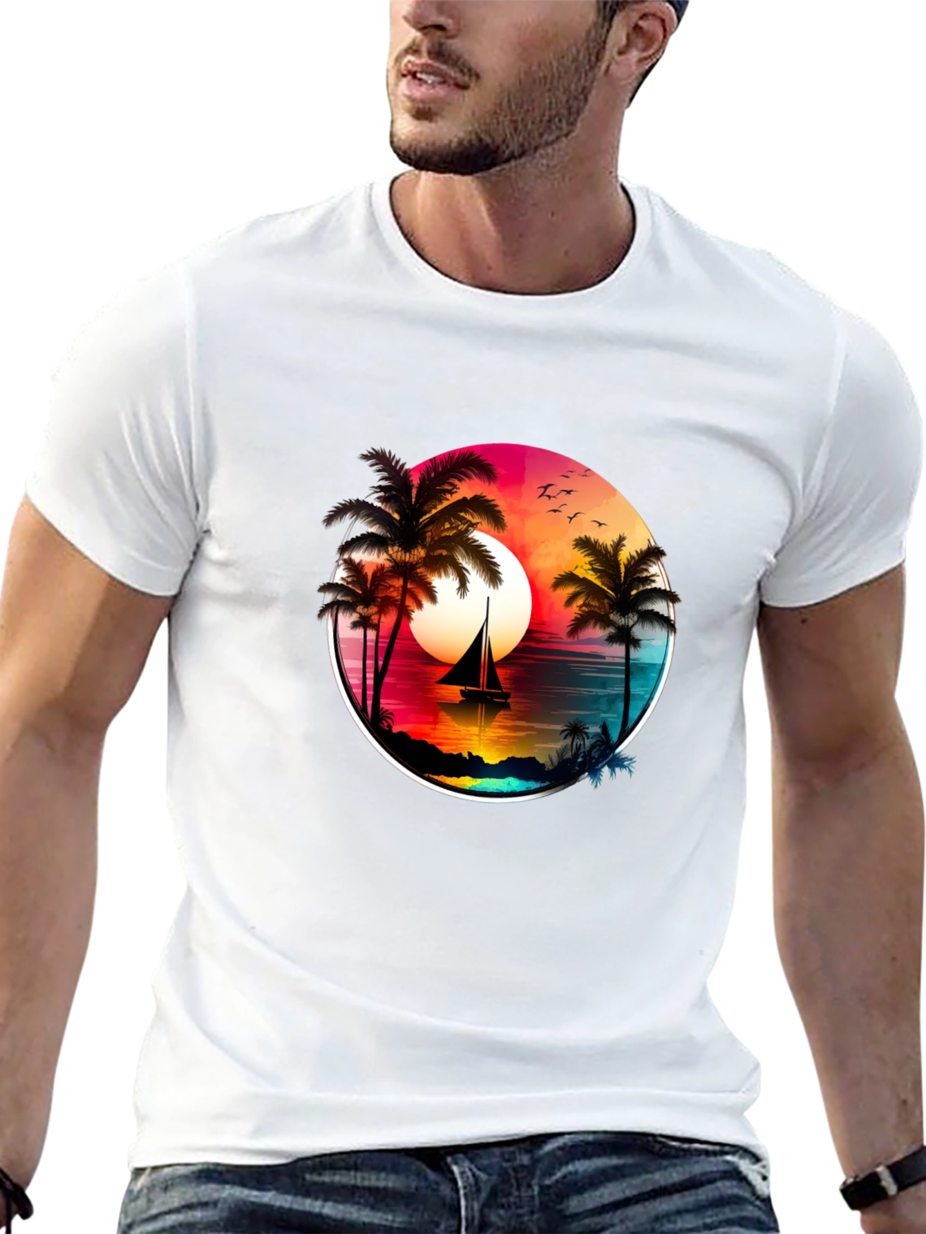 Sunset Sailboat Palm Tree Graphic Tee