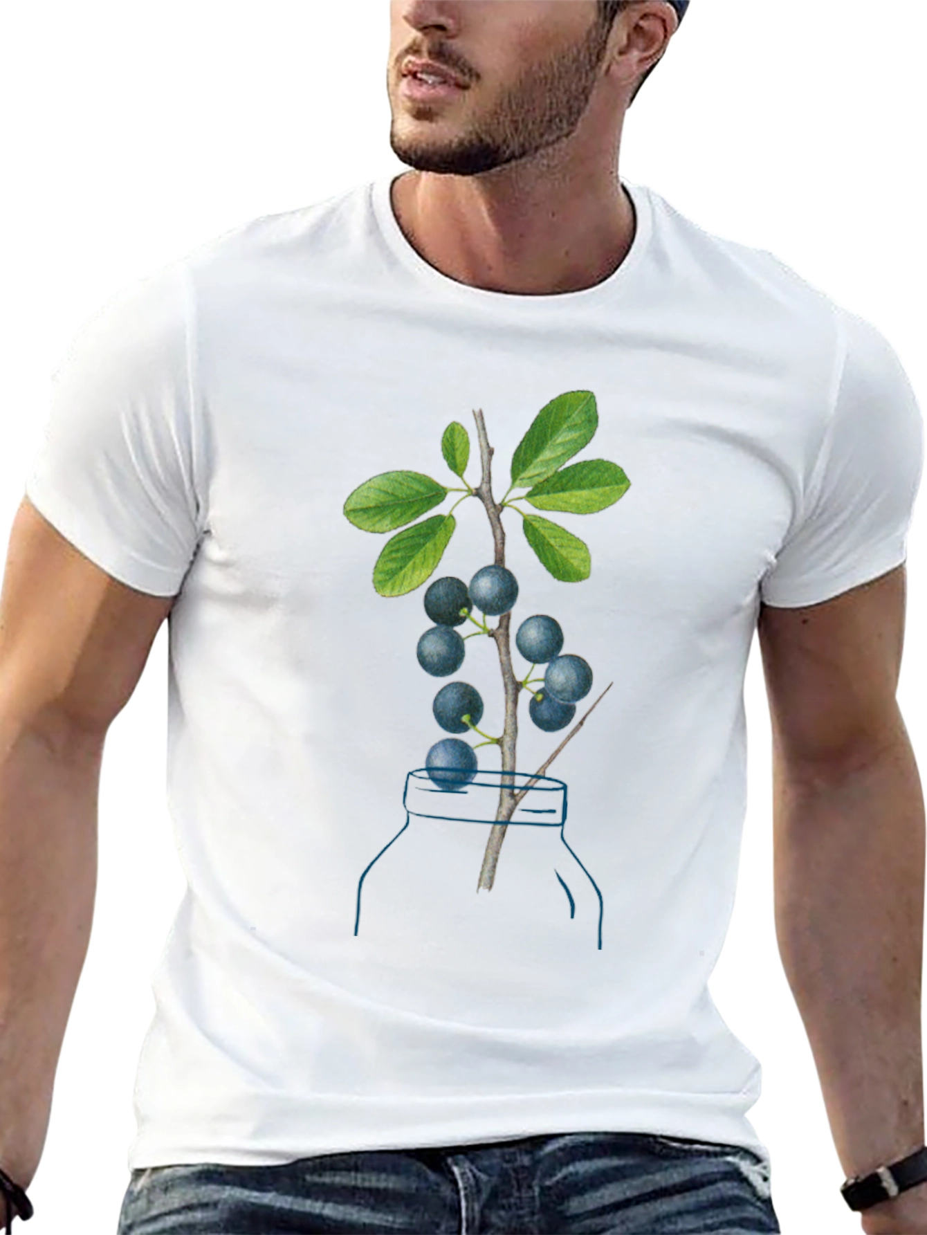 Botanical Black T-Shirt with Berry Branch Design