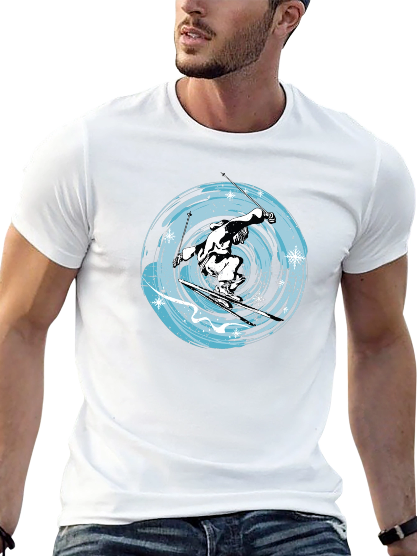 Skiing Graphic Tee - Black Cotton Blend Shirt