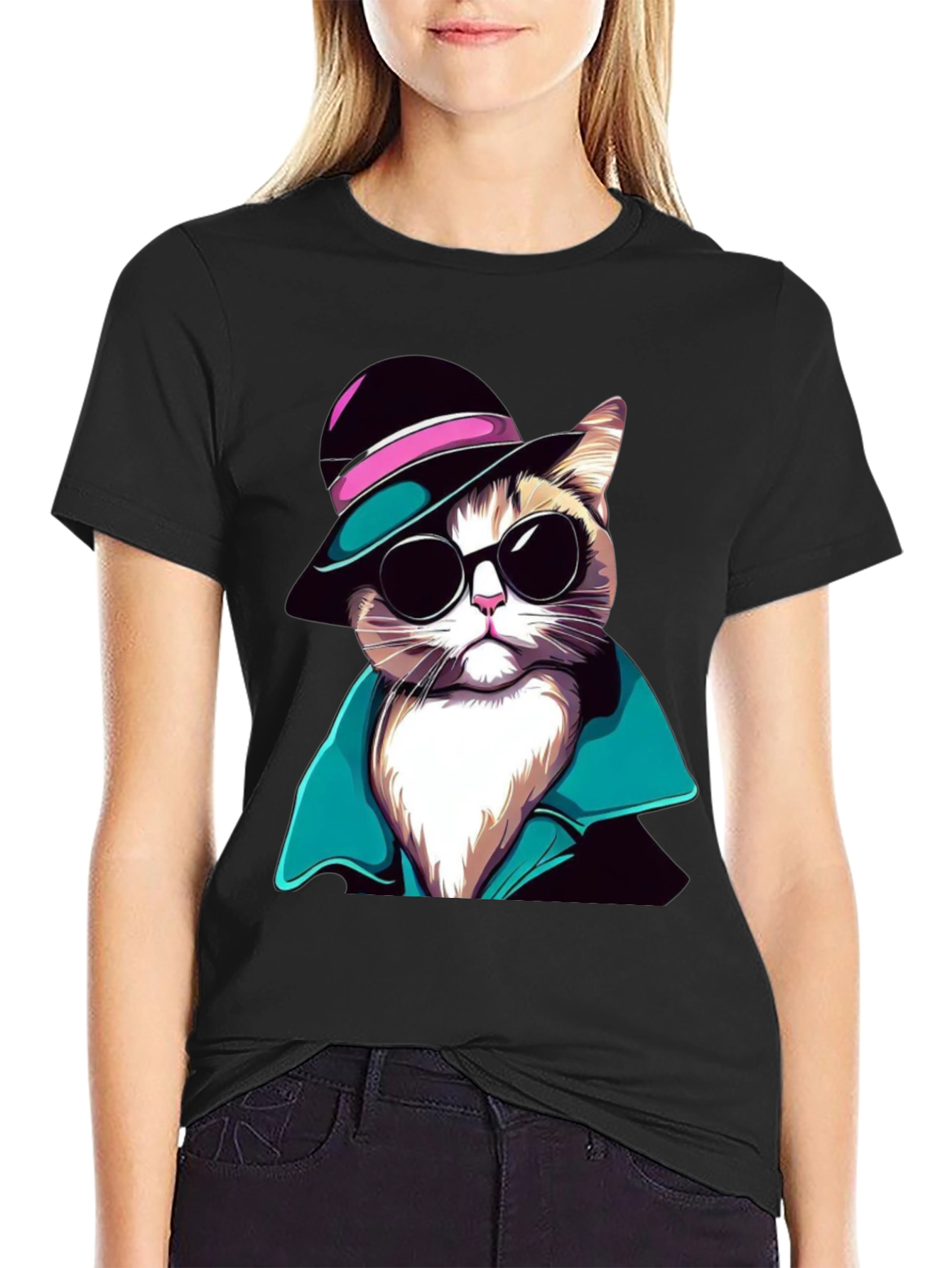 Cool Cat T-Shirt: Stylish Feline in Hat & Shades
