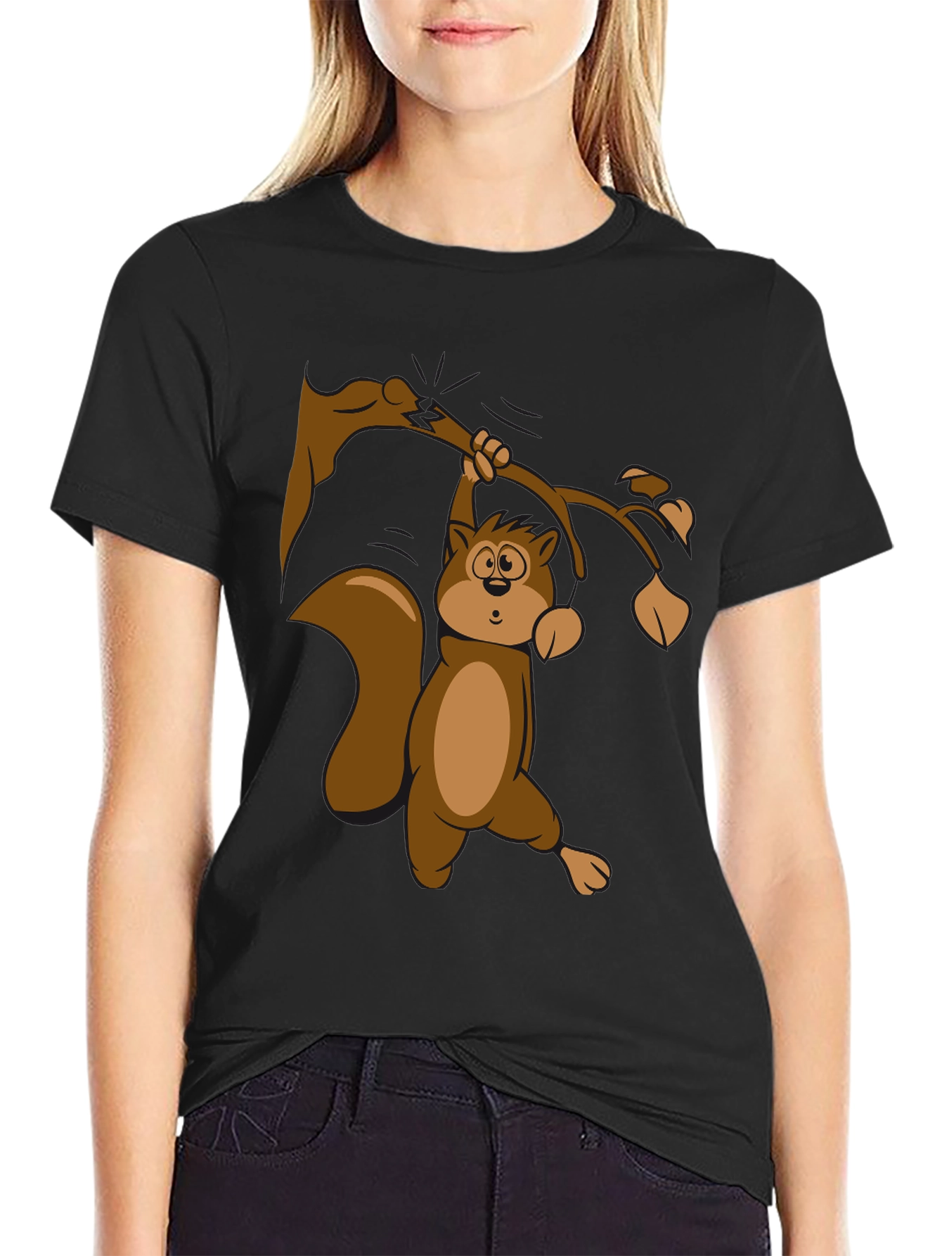 Squirrel on Branch T-Shirt - Black Cotton Tee