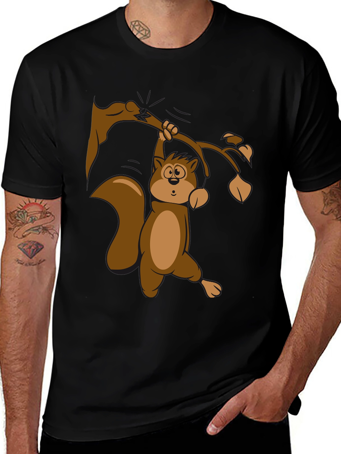 Squirrel on Branch T-Shirt - Black Cotton Tee