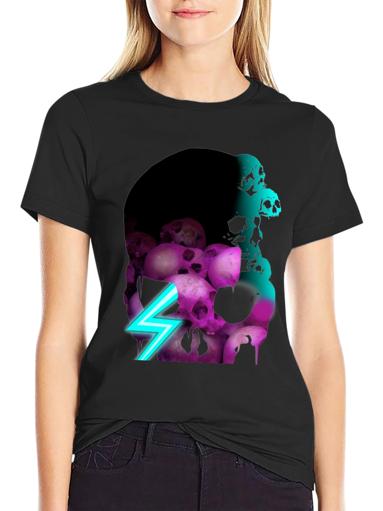 Skull Pile Graphic Tee - Neon Lightning Bolt Design