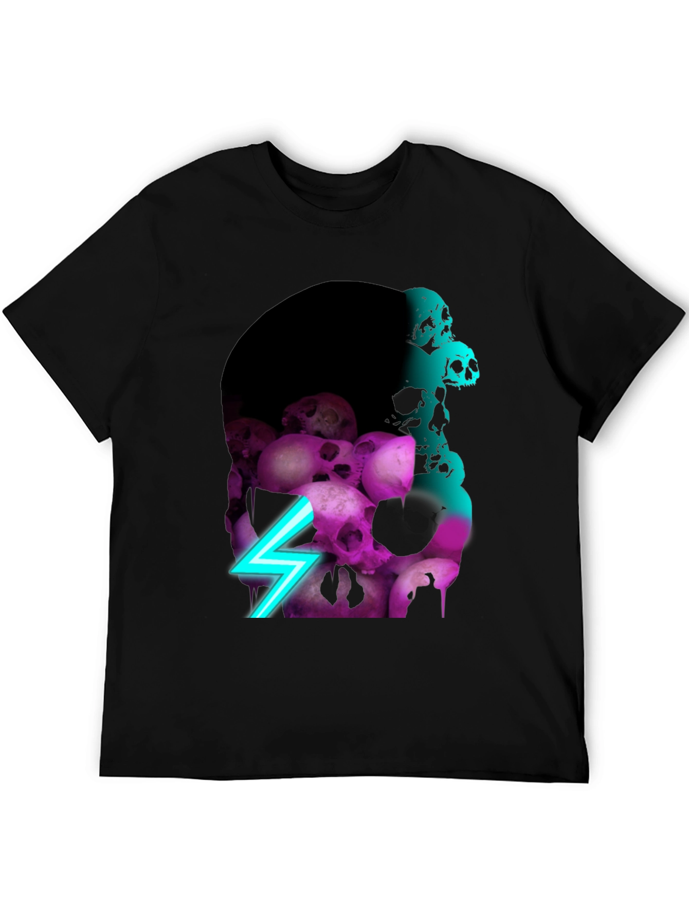Skull Pile Graphic Tee - Neon Lightning Bolt Design