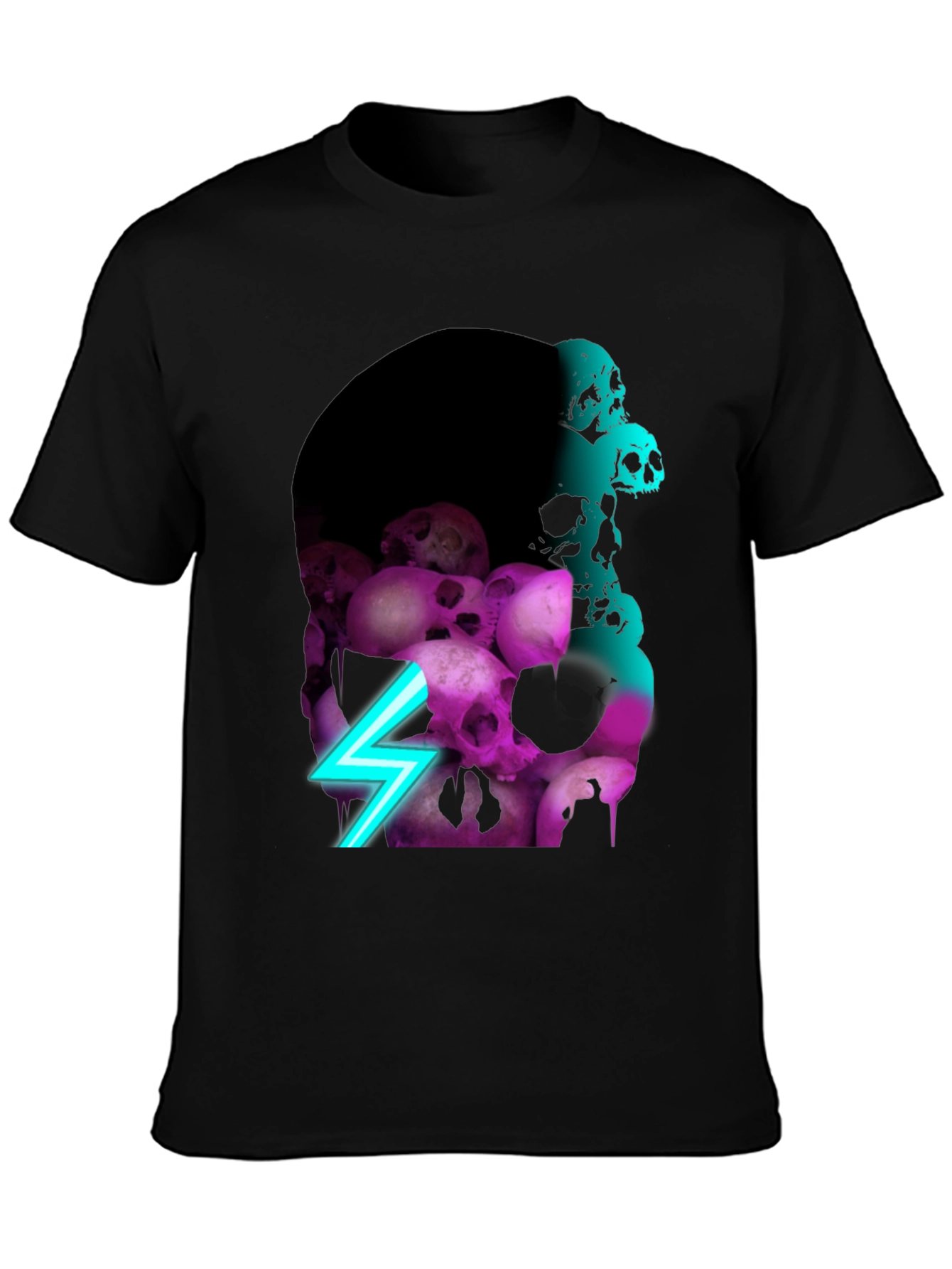 Skull Pile Graphic Tee - Neon Lightning Bolt Design