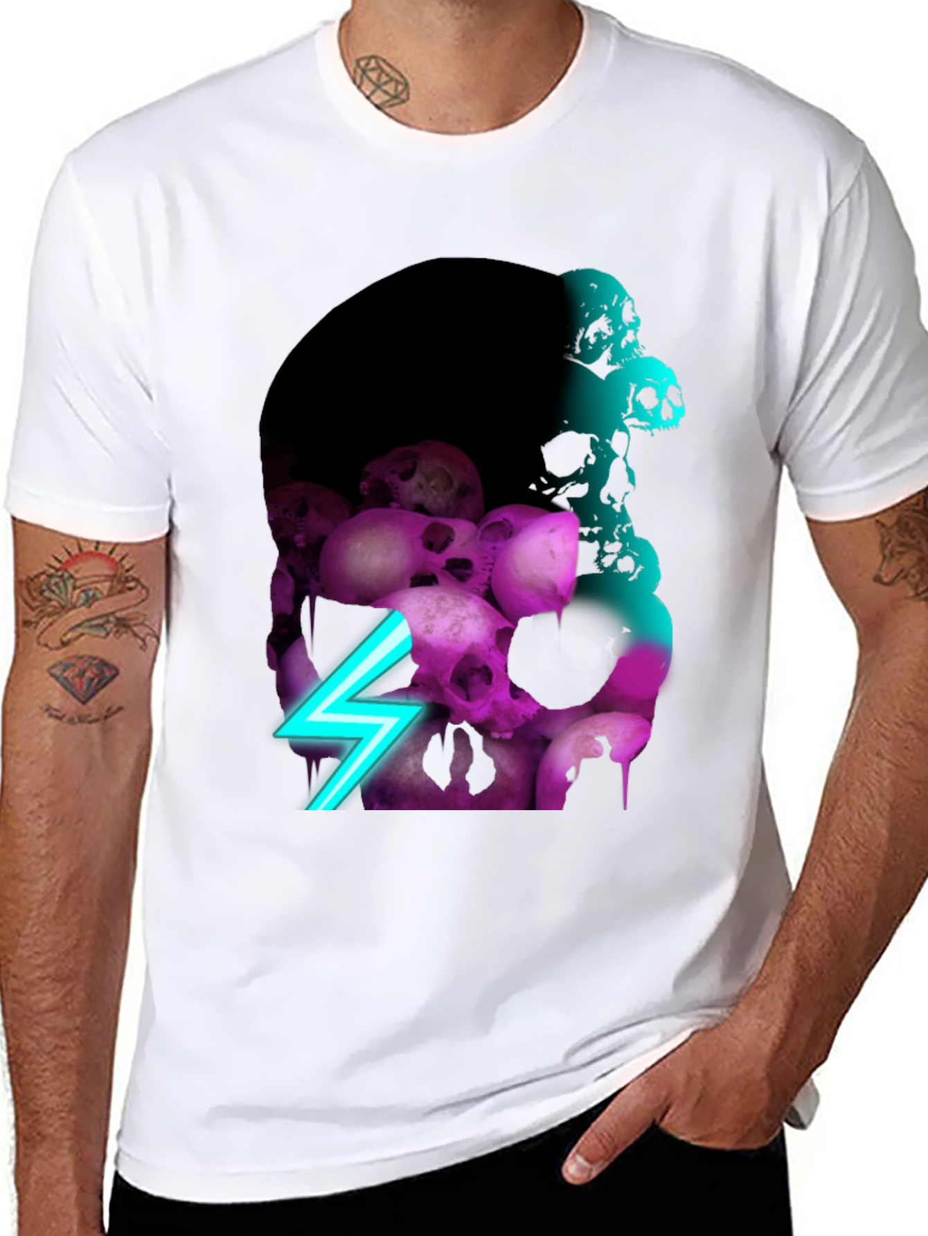 Skull Pile Graphic Tee - Neon Lightning Bolt Design
