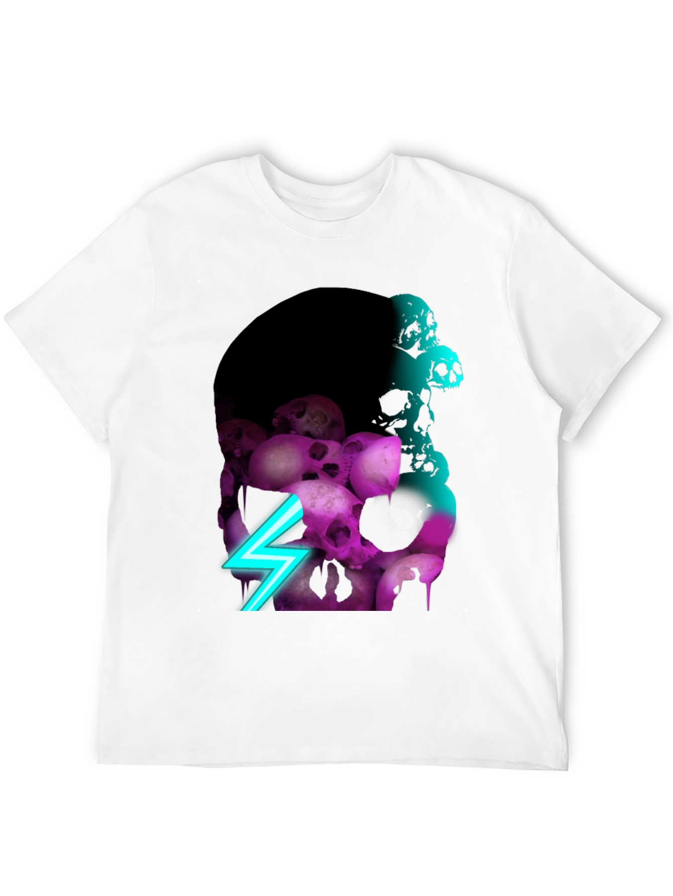 Skull Pile Graphic Tee - Neon Lightning Bolt Design