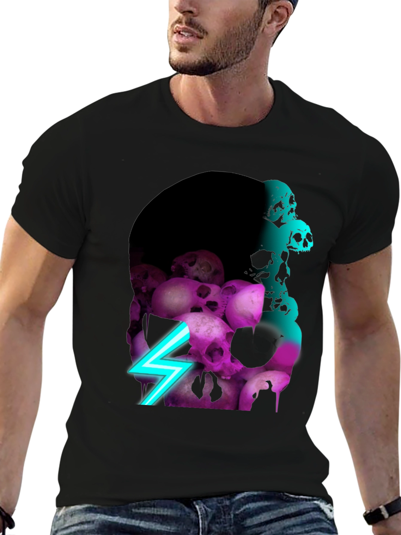 Skull Pile Graphic Tee - Neon Lightning Bolt Design
