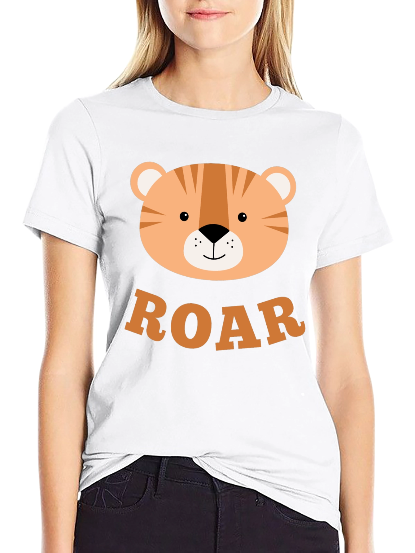 Roar! Cute Tiger Graphic T-Shirt - Black Cotton Blend