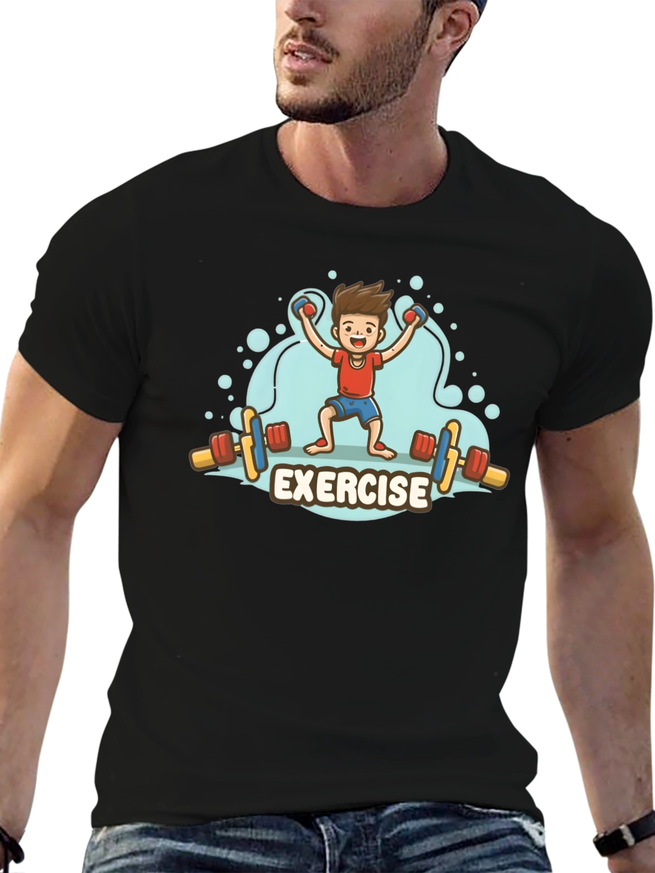 Exercise Cartoon Graphic Black T-Shirt