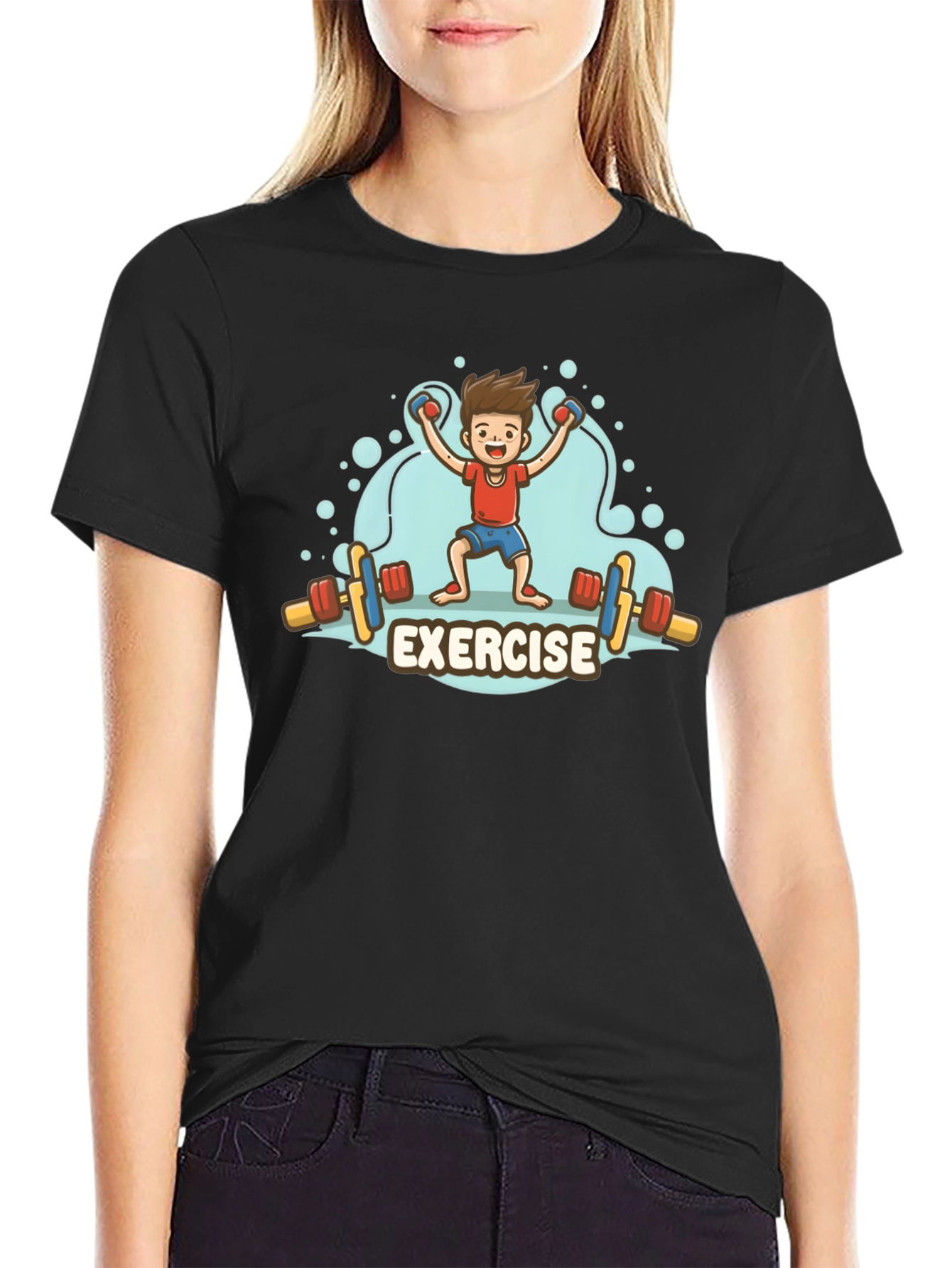 Exercise Cartoon Graphic Black T-Shirt
