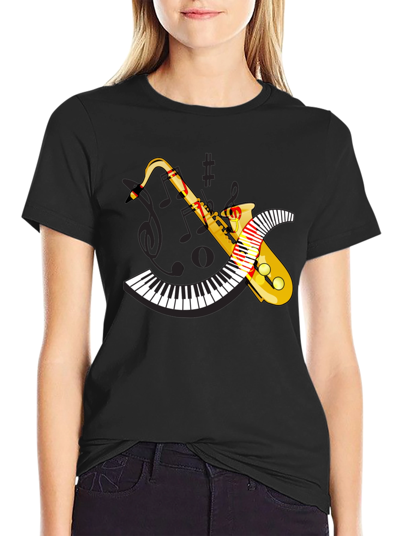 Musical Saxophone & Piano T-Shirt - Black Graphic Tee