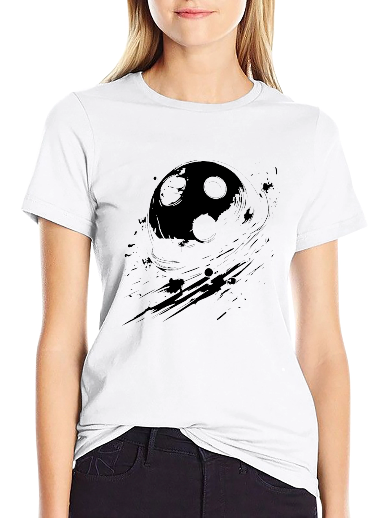 Black Graphic Print T-Shirt - Abstract Moon Design