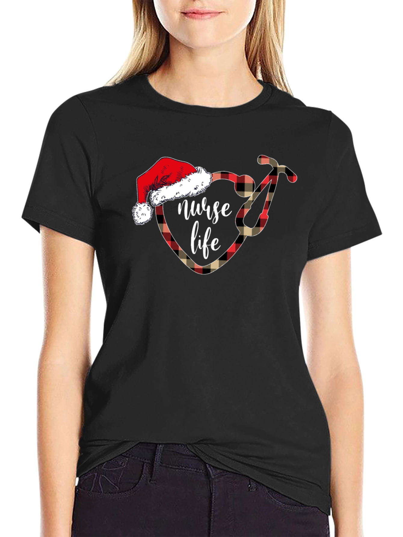 Nurse Life Christmas Plaid Stethoscope T-Shirt