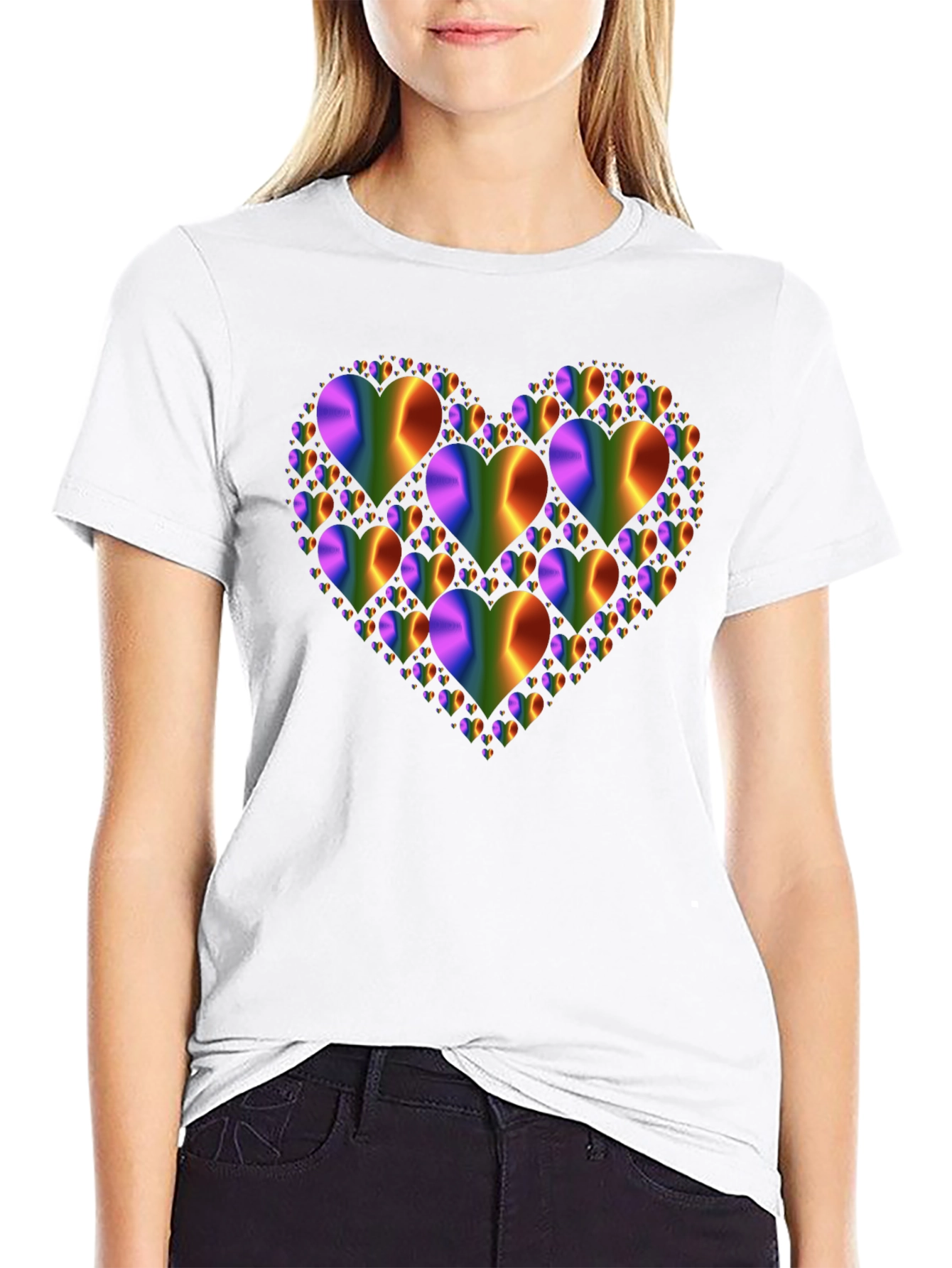 Rainbow Hearts Graphic Print Black T-Shirt