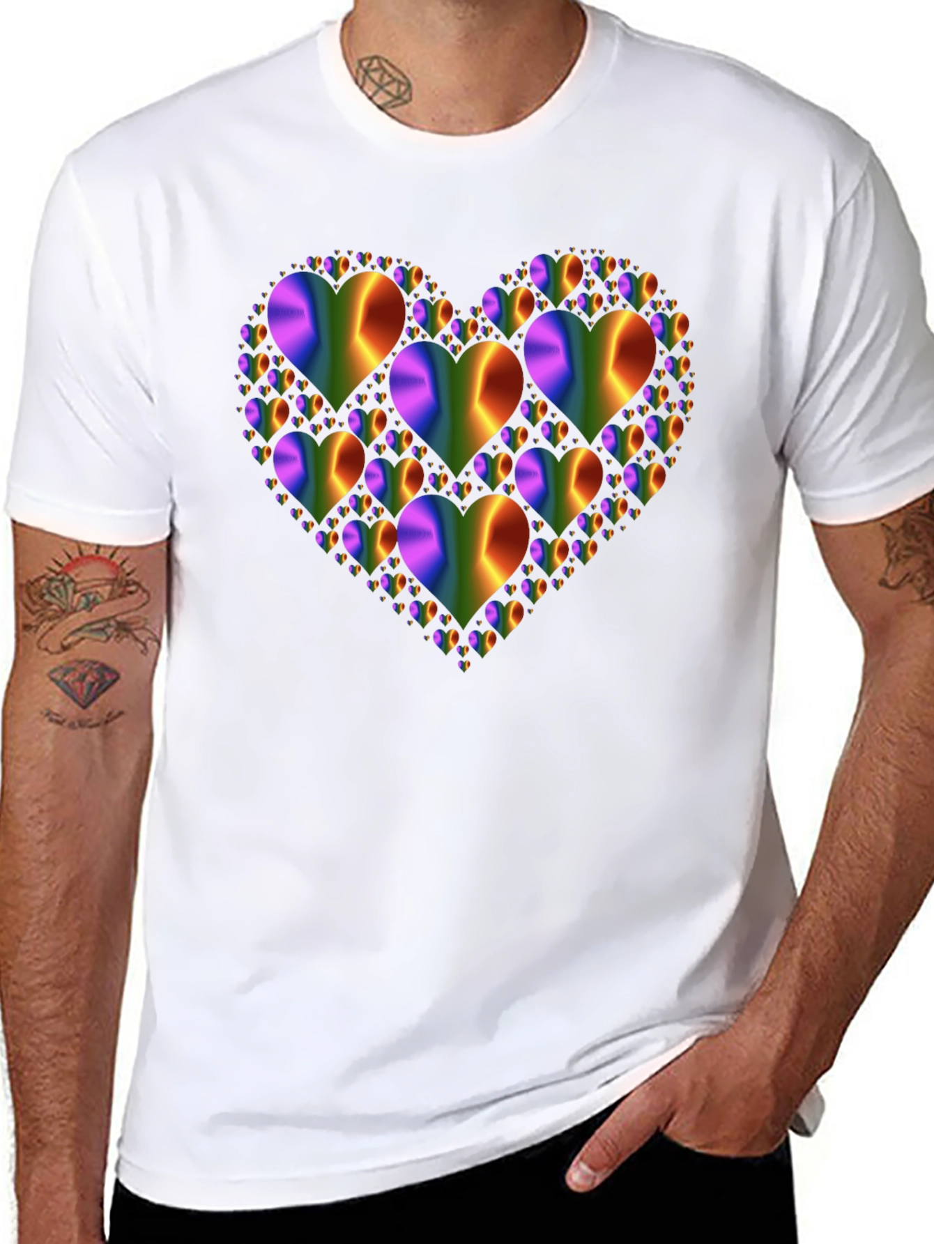 Rainbow Hearts Graphic Print Black T-Shirt