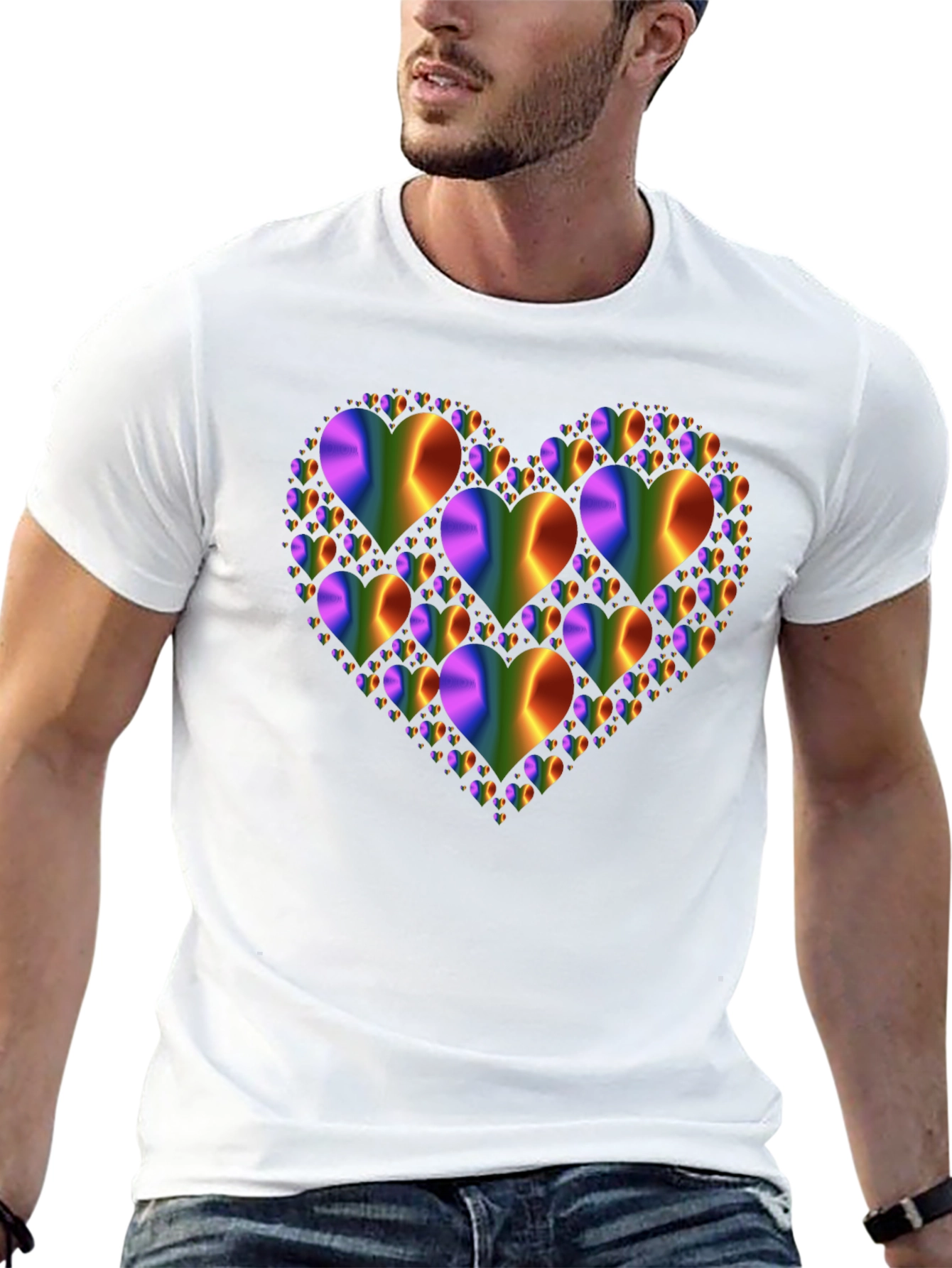 Rainbow Hearts Graphic Print Black T-Shirt
