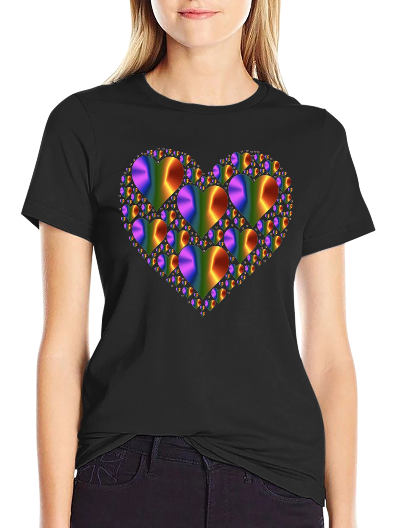 Rainbow Hearts Graphic Print Black T-Shirt