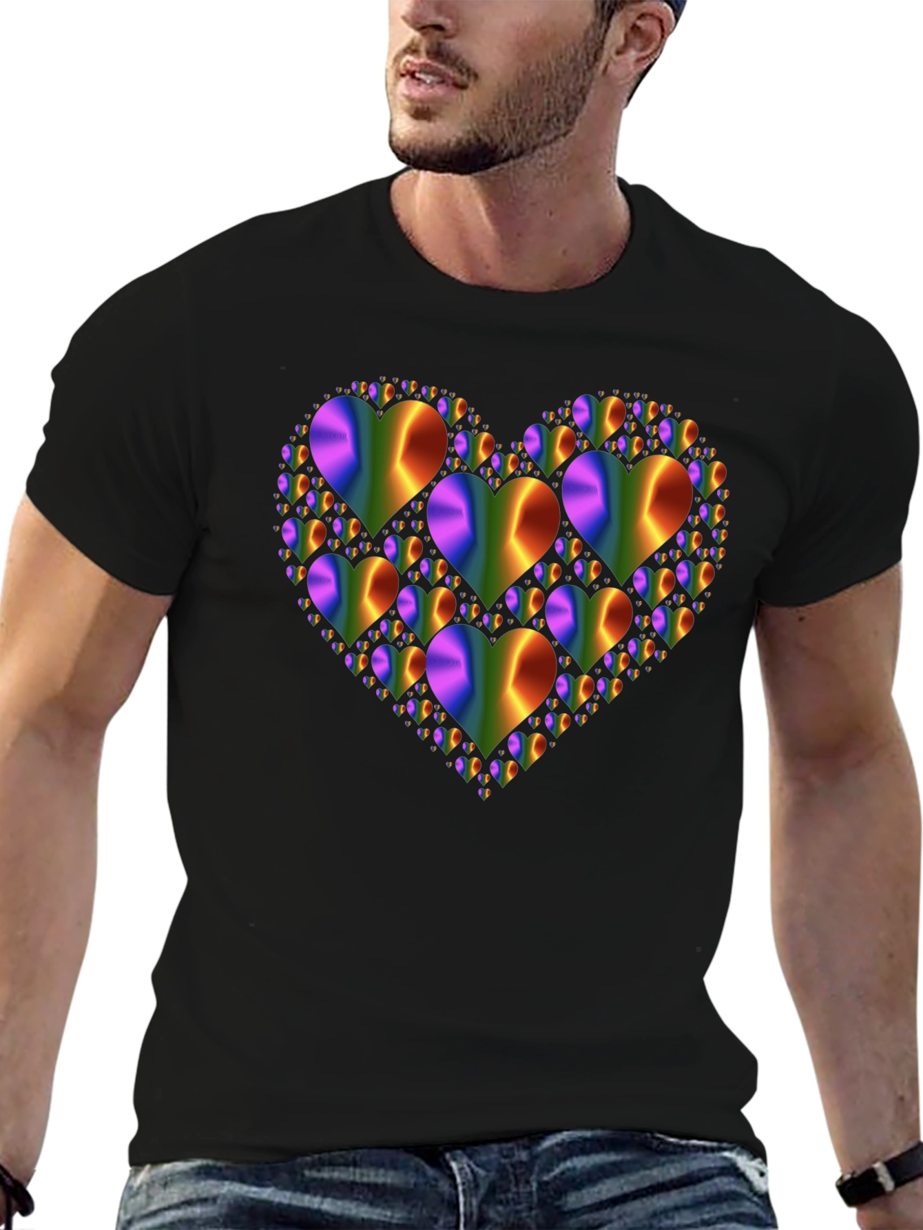 Rainbow Hearts Graphic Print Black T-Shirt