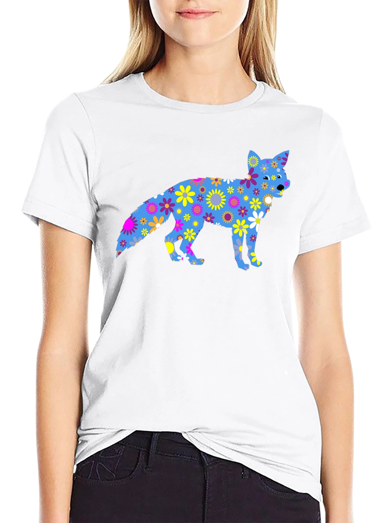 Floral Fox Graphic Tee - Black Cotton T-Shirt