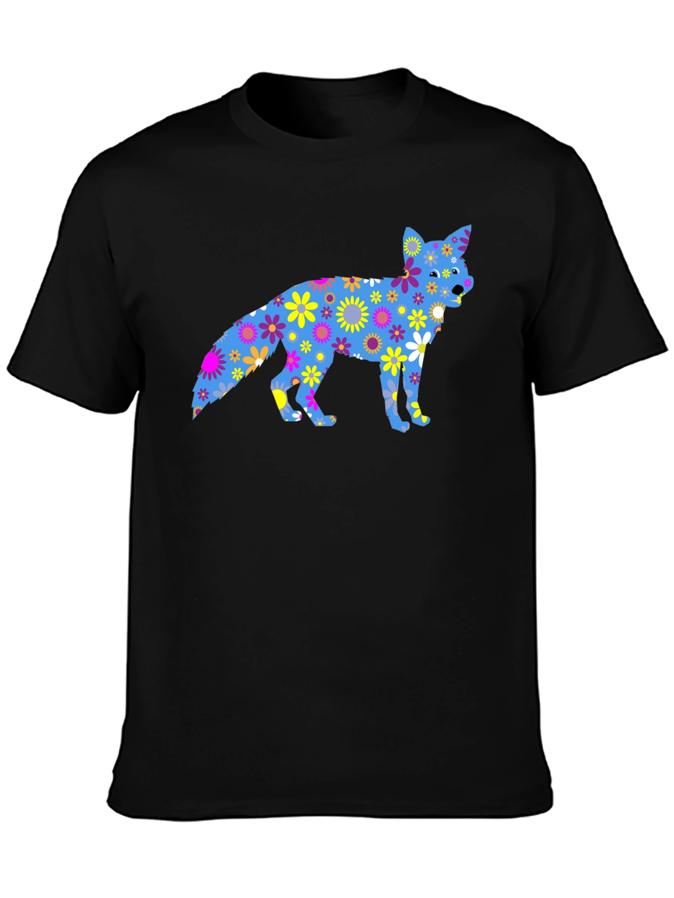 Floral Fox Graphic Tee - Black Cotton T-Shirt