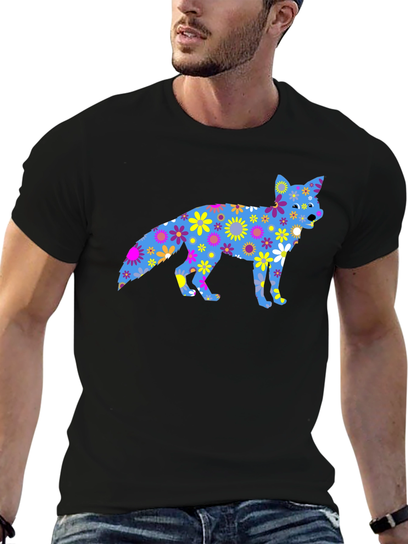Floral Fox Graphic Tee - Black Cotton T-Shirt