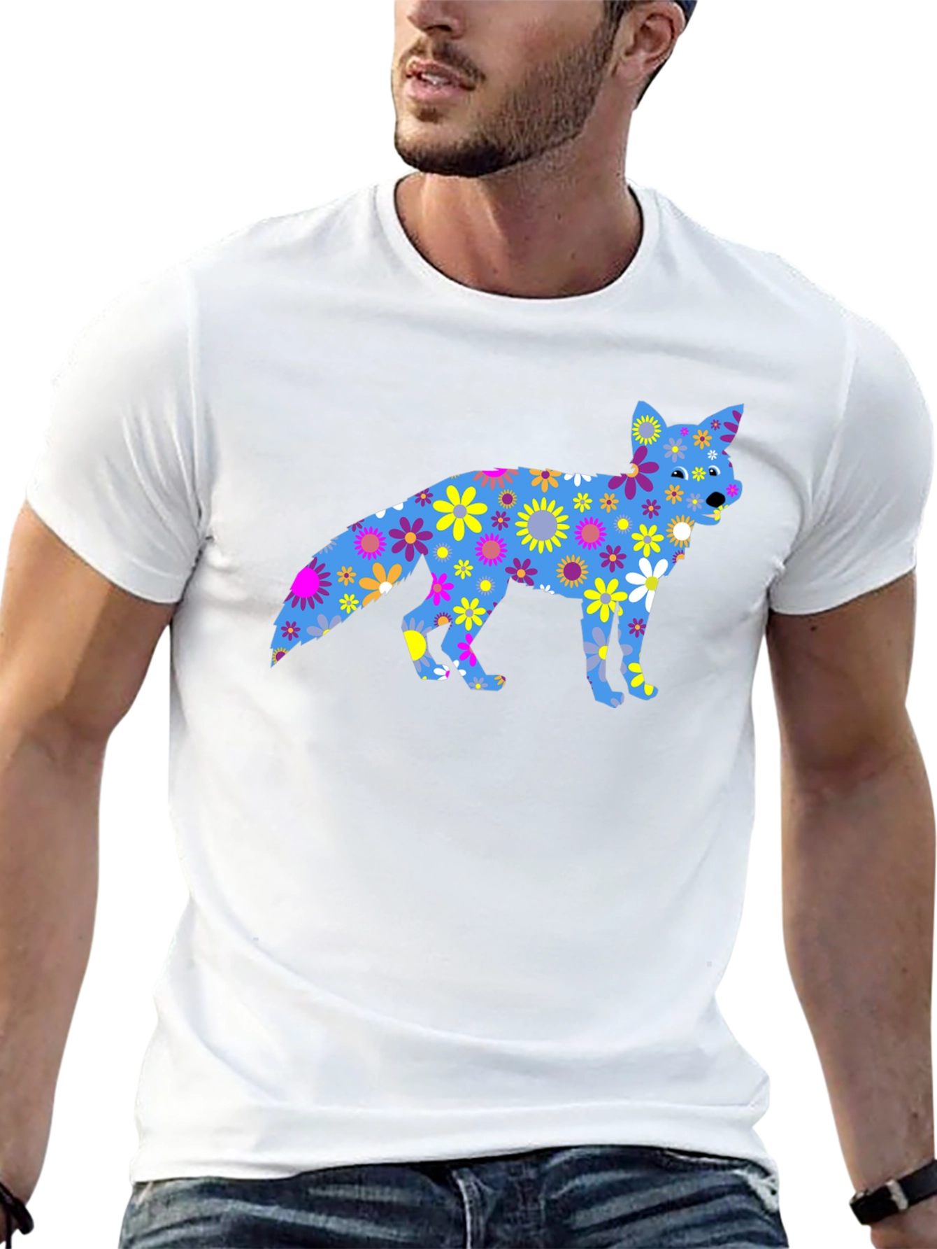 Floral Fox Graphic Tee - Black Cotton T-Shirt