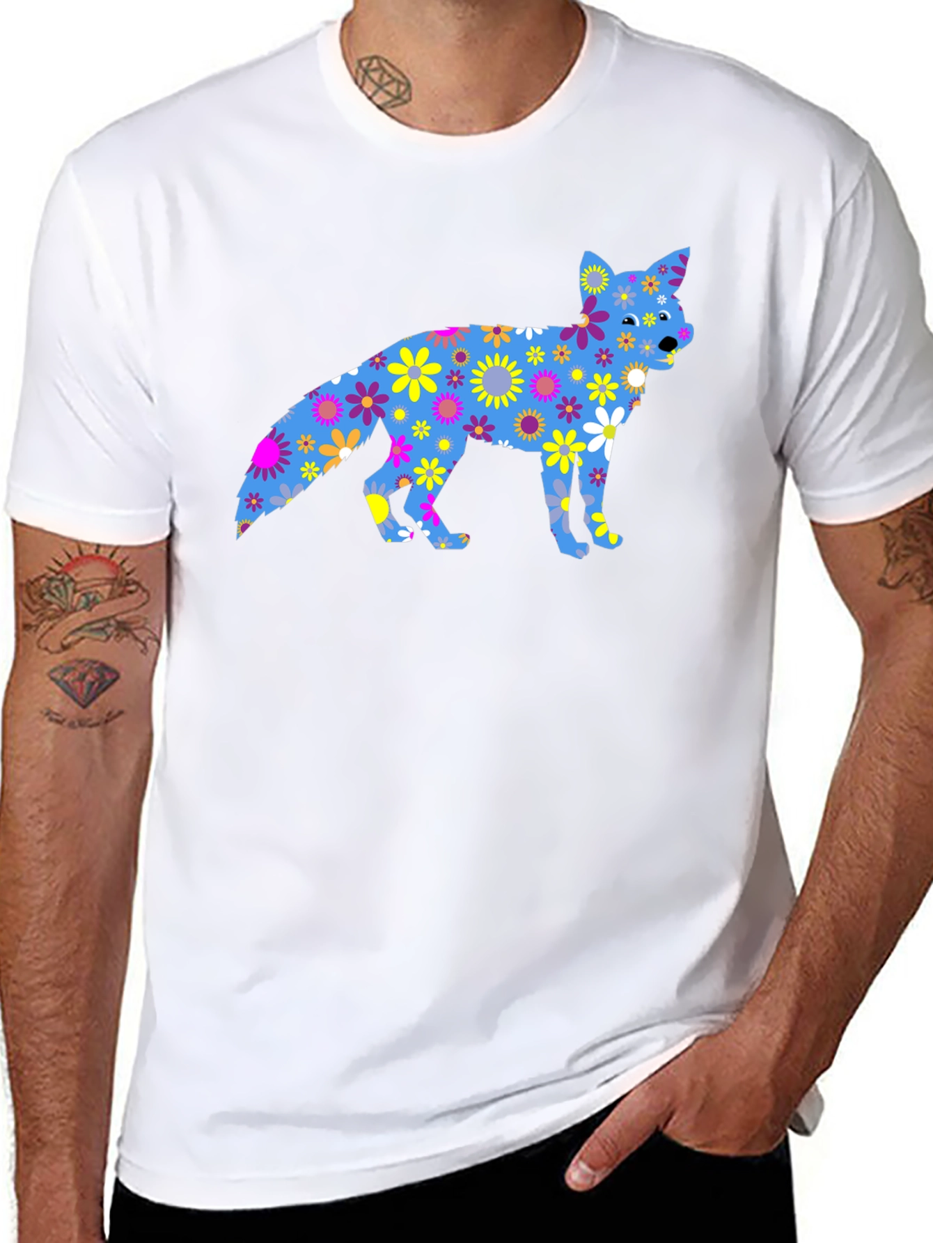 Floral Fox Graphic Tee - Black Cotton T-Shirt