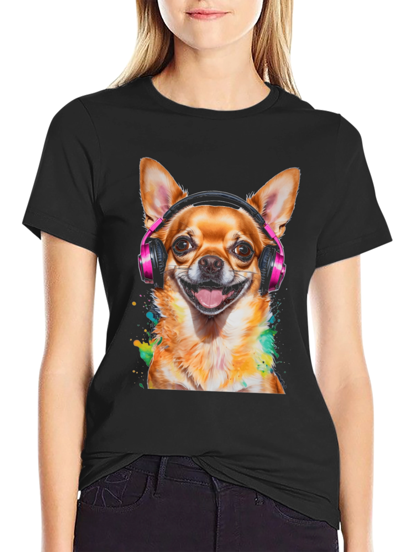 Dog with Headphones T-Shirt - Mens Black Tee