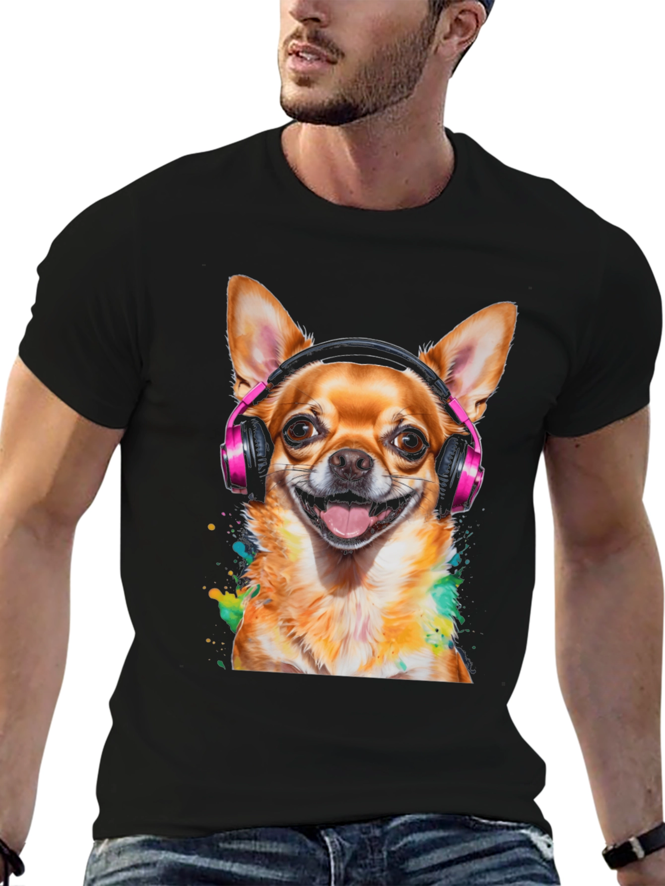Dog with Headphones T-Shirt - Mens Black Tee