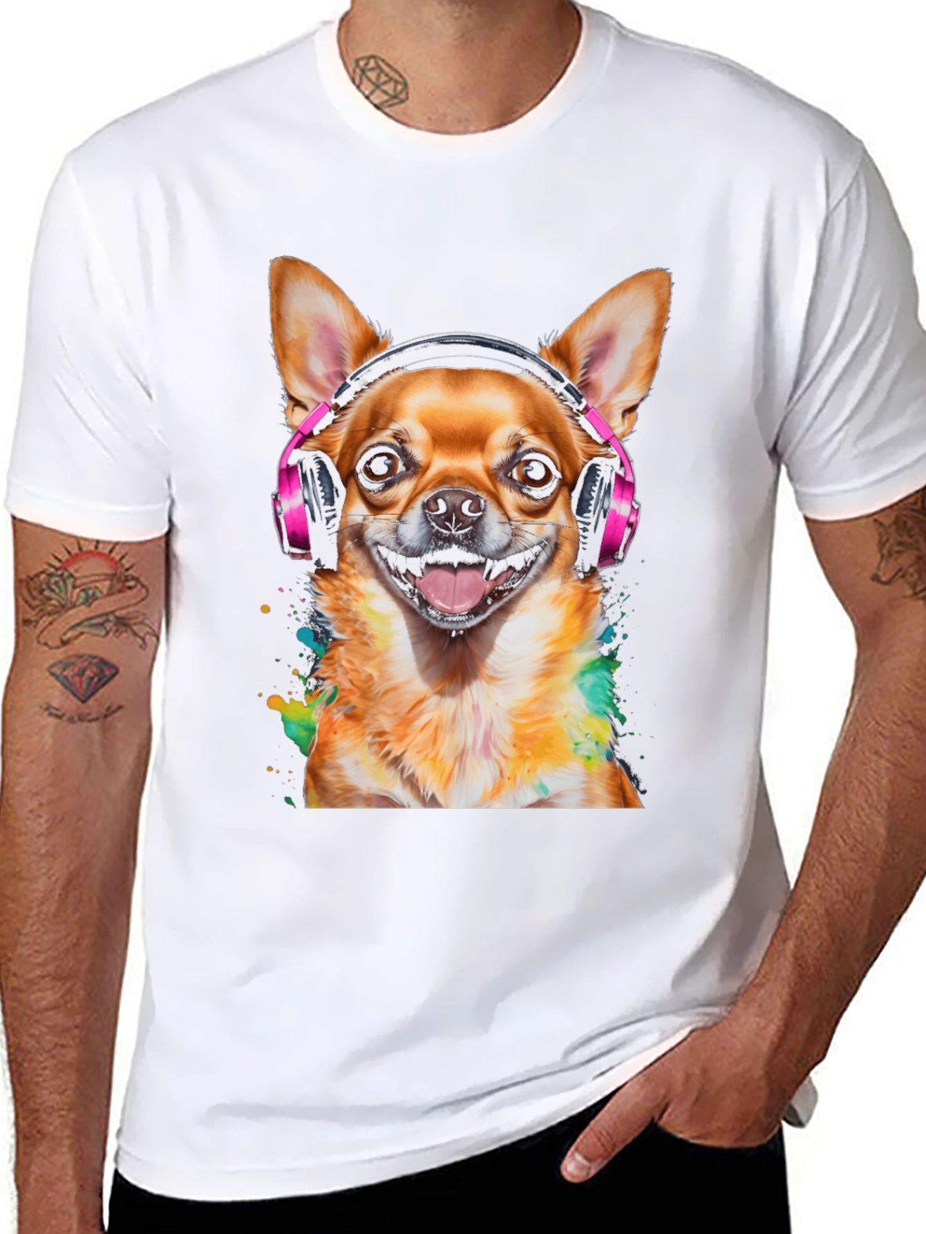 Dog with Headphones T-Shirt - Mens Black Tee