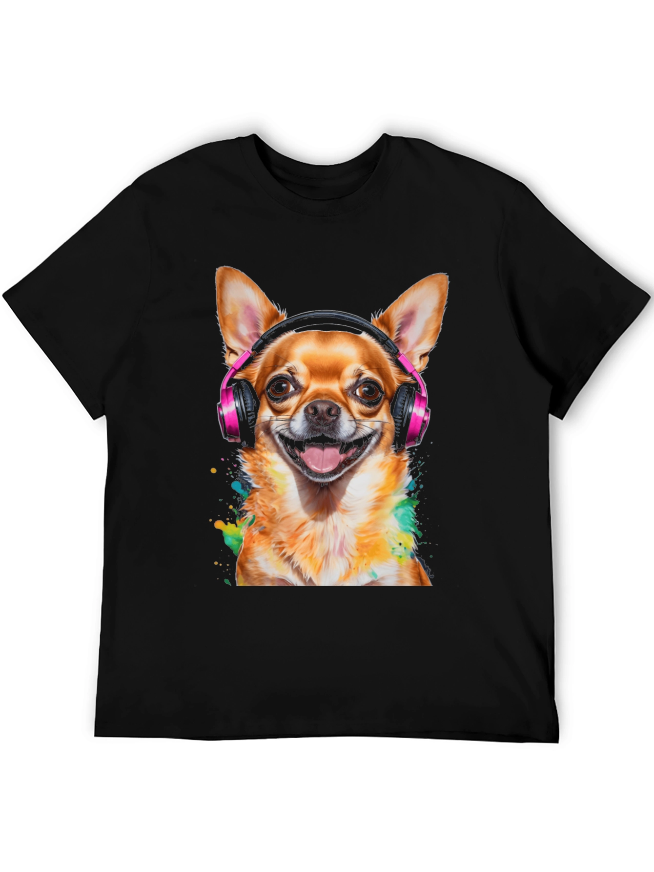 Dog with Headphones T-Shirt - Mens Black Tee