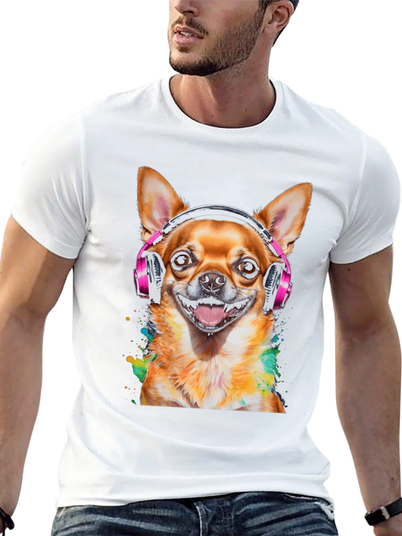 Dog with Headphones T-Shirt - Mens Black Tee