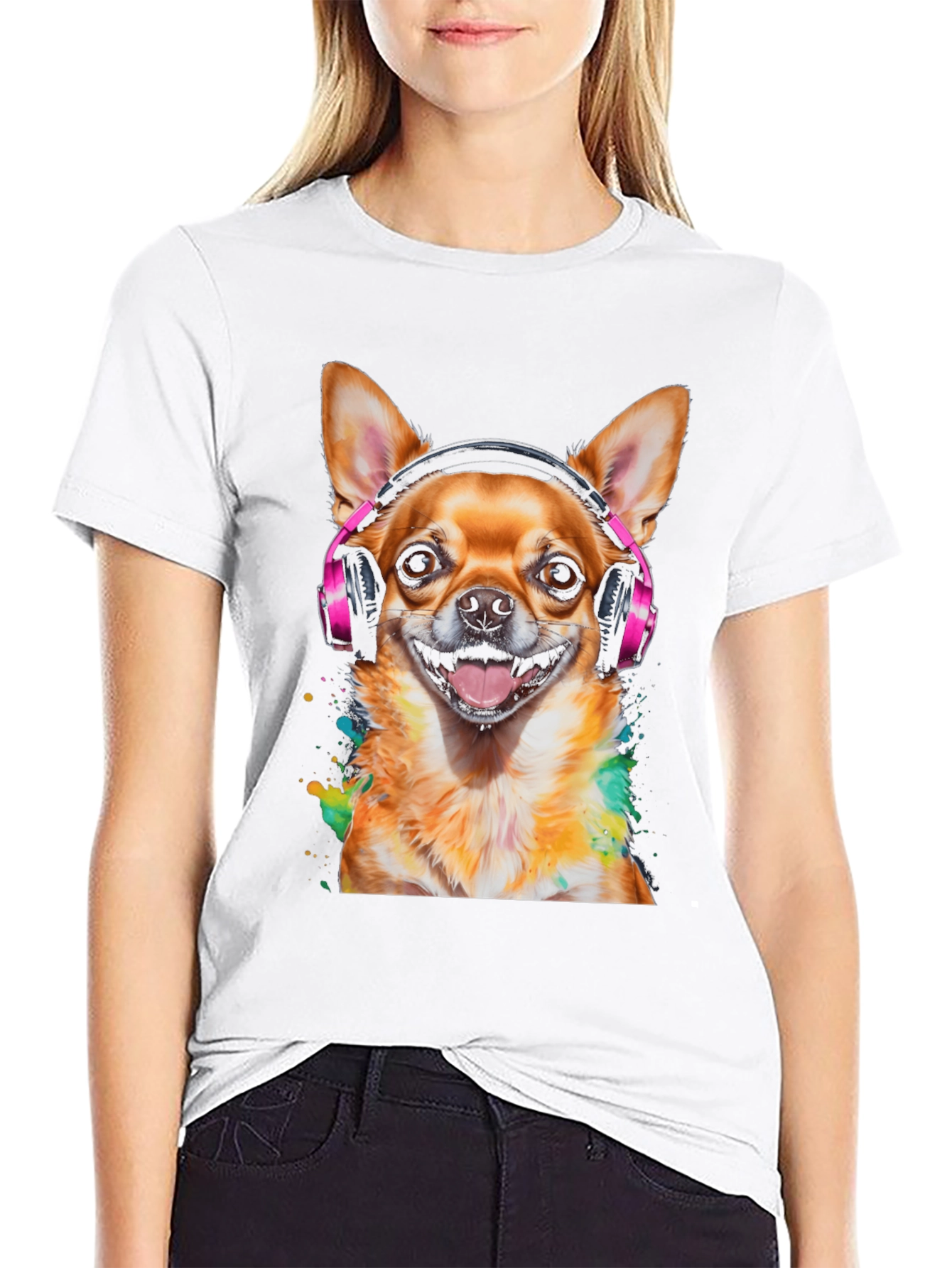 Dog with Headphones T-Shirt - Mens Black Tee
