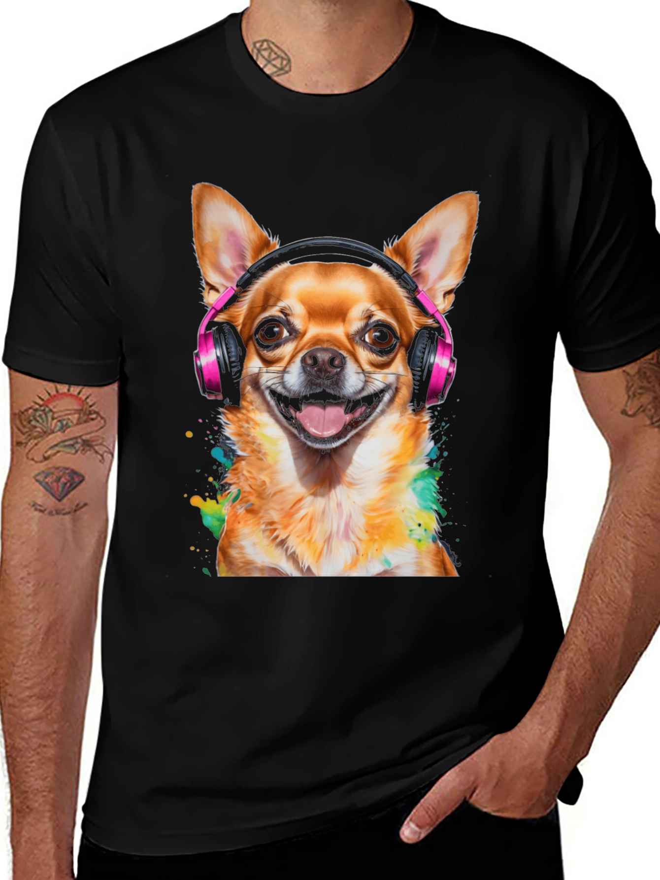 Dog with Headphones T-Shirt - Mens Black Tee