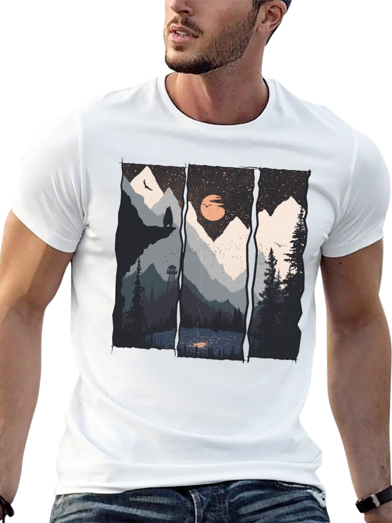 Scenic Mountain Landscape Black Graphic Tee