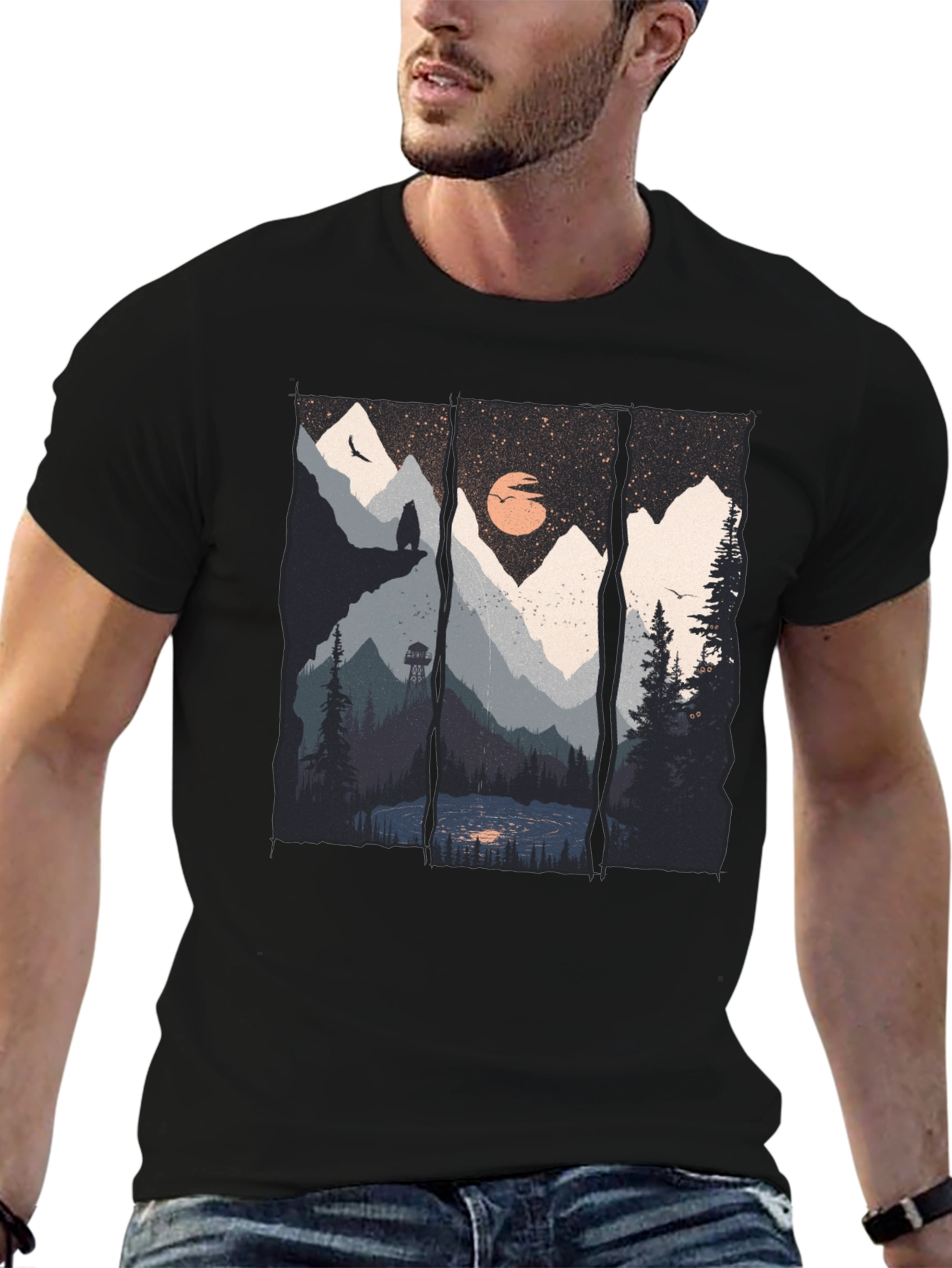 Scenic Mountain Landscape Black Graphic Tee