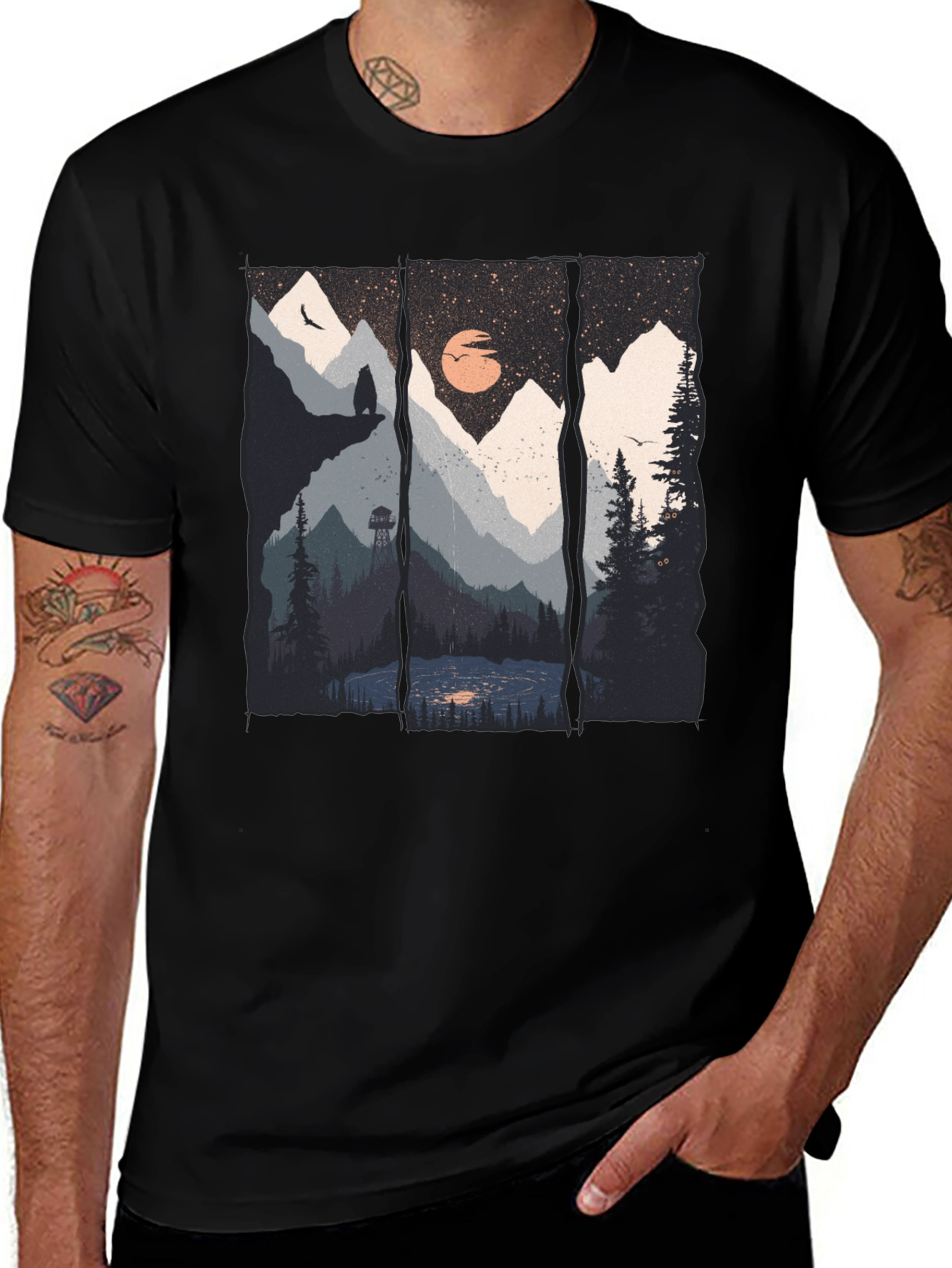 Scenic Mountain Landscape Black Graphic Tee