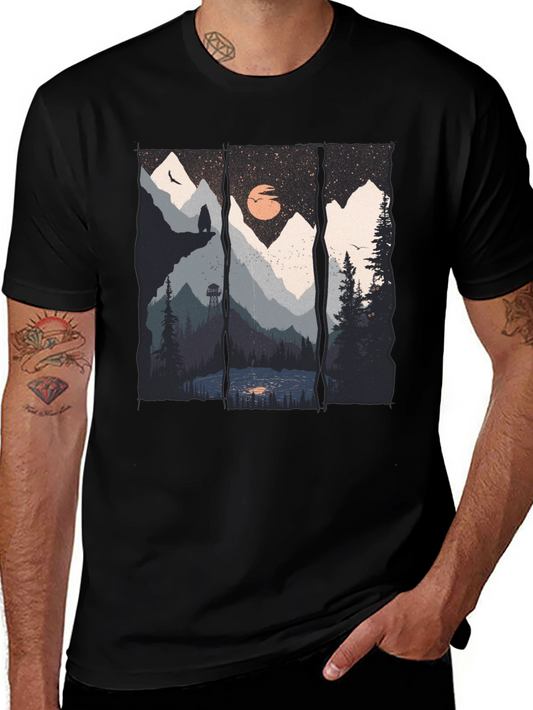 Scenic Mountain Landscape Black Graphic Tee