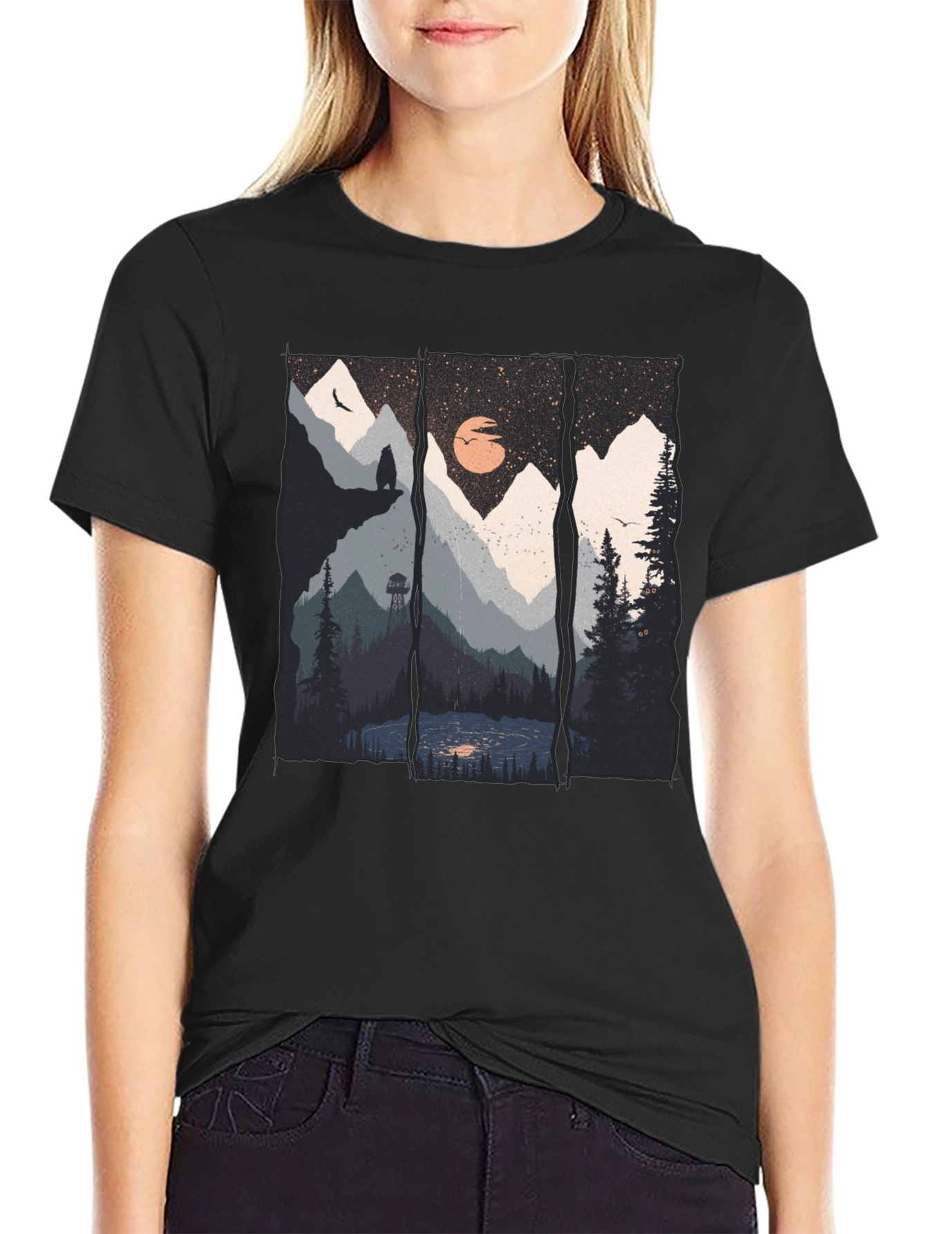 Scenic Mountain Landscape Black Graphic Tee