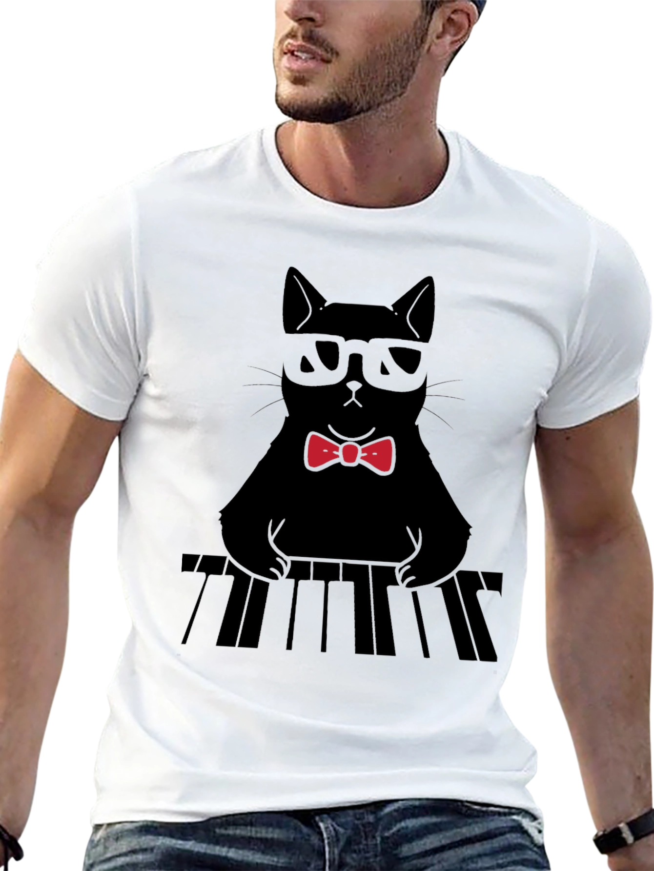 Cat Musician T-Shirt - Cool Cat With Bowtie