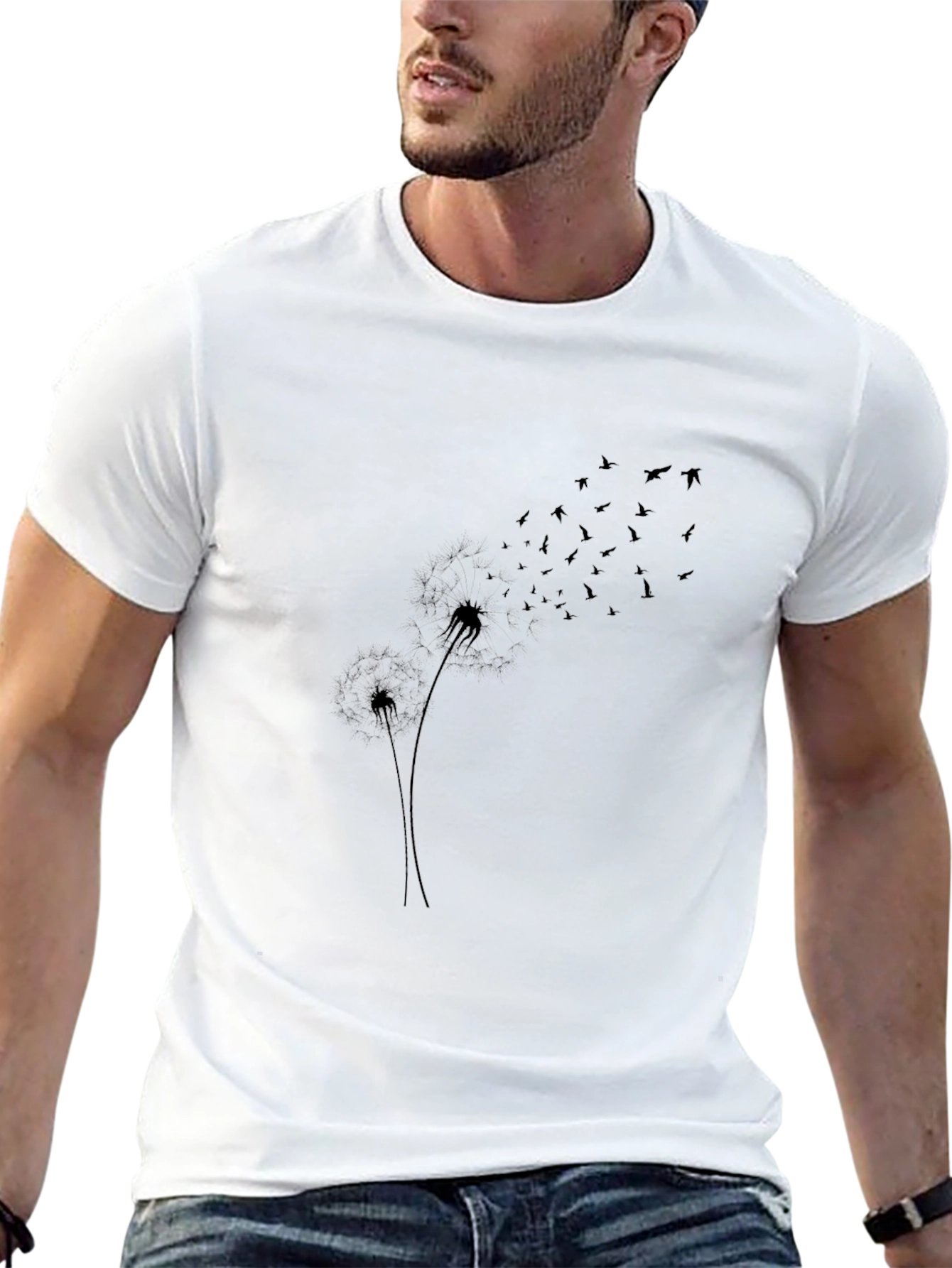 Black Dandelion Bird Print T-Shirt